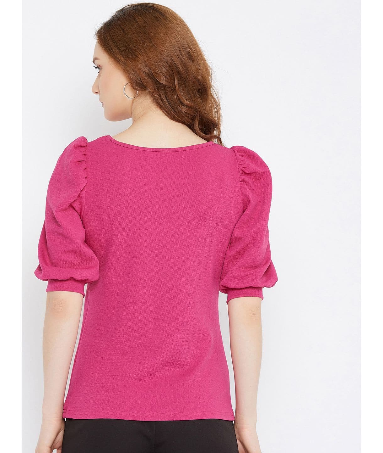 Cotton Solid Stretchable Round Neck Puff Sleeve Top - Uptownie