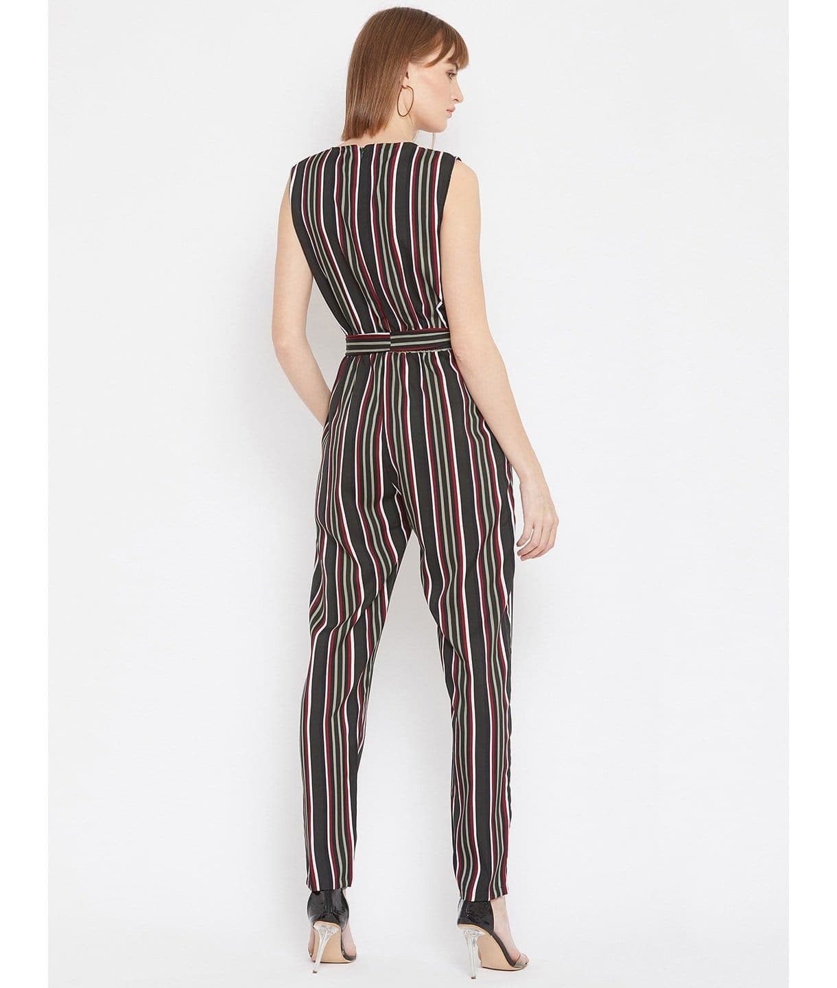 Striped Keyhole Jumpsuit with Belt - Uptownie