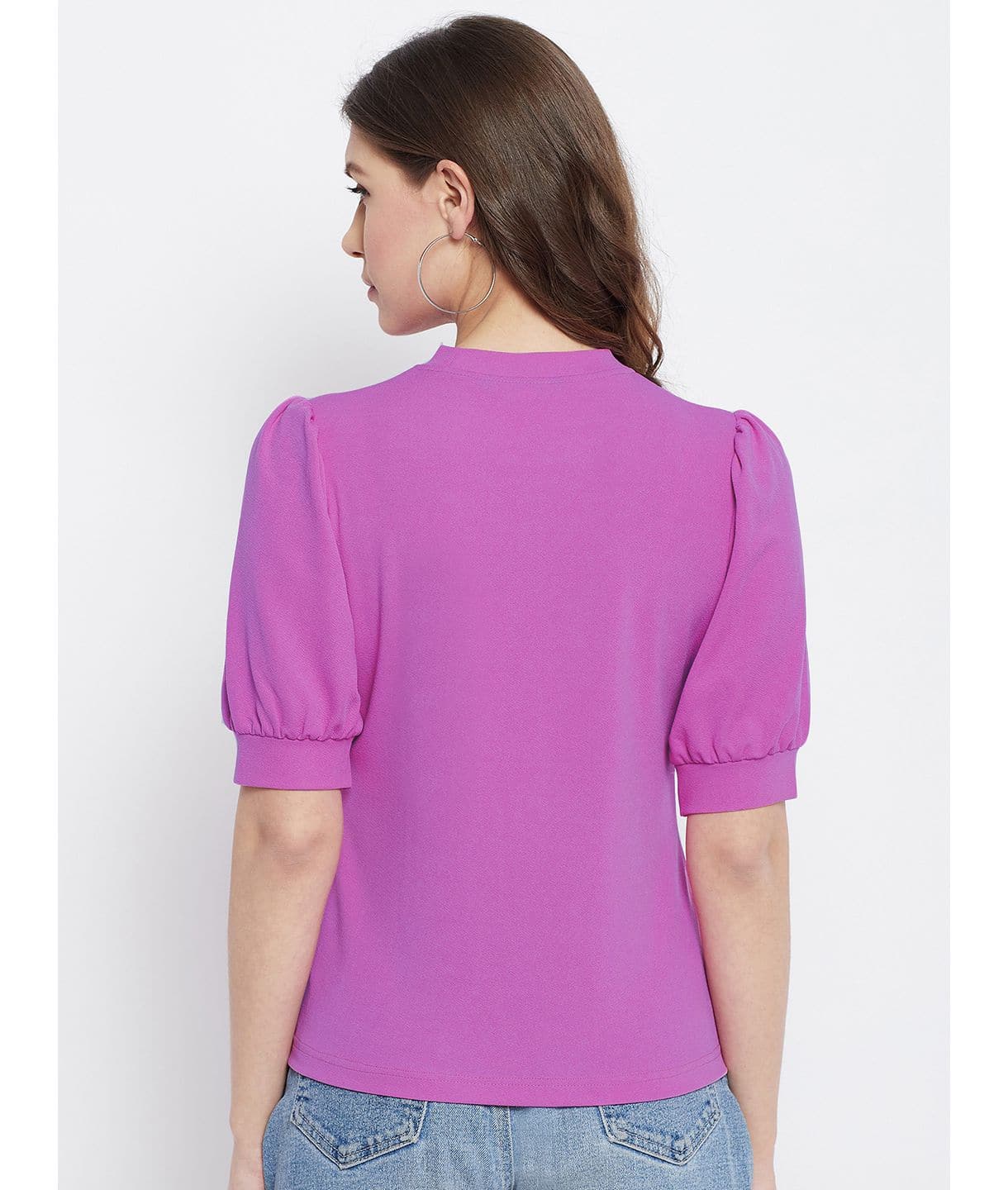 Cotton Solid Stretchable High Neck Puff Sleeve Top - Uptownie
