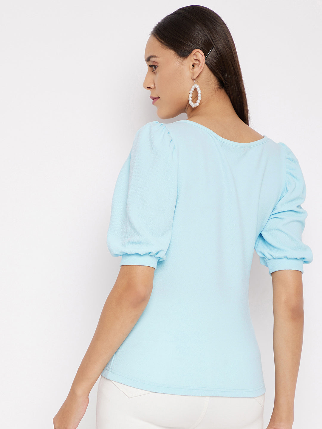 Cotton Solid Stretchable Round Neck Puff Sleeve Top - Uptownie