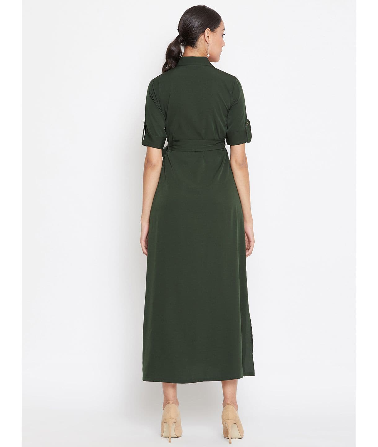 Plus Army Green Solid Crepe Collar Buttoned Down Shirt Maxi Dress - Uptownie