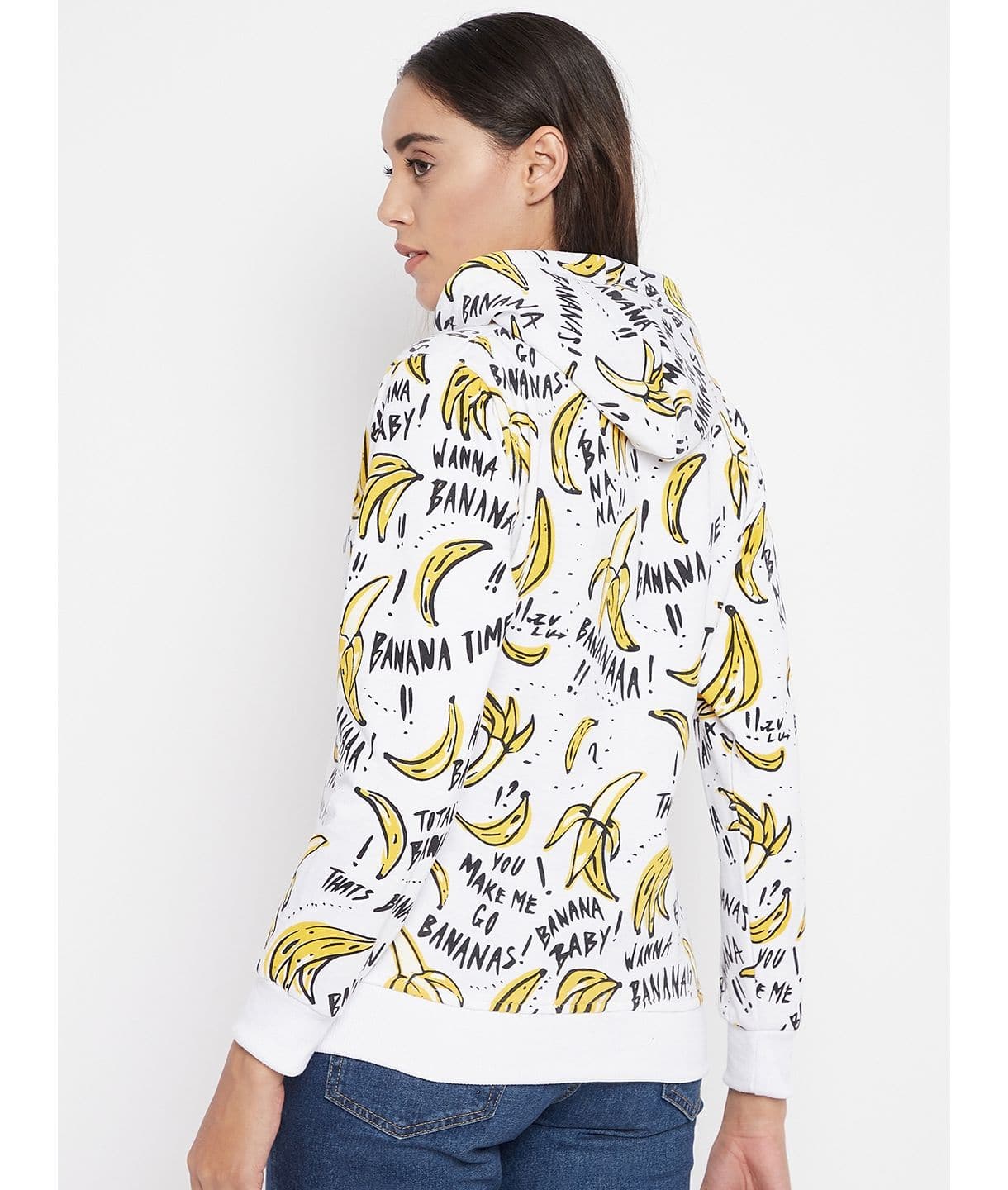 Banana Print Cotton Zippered Hoodie with Pockets - Uptownie