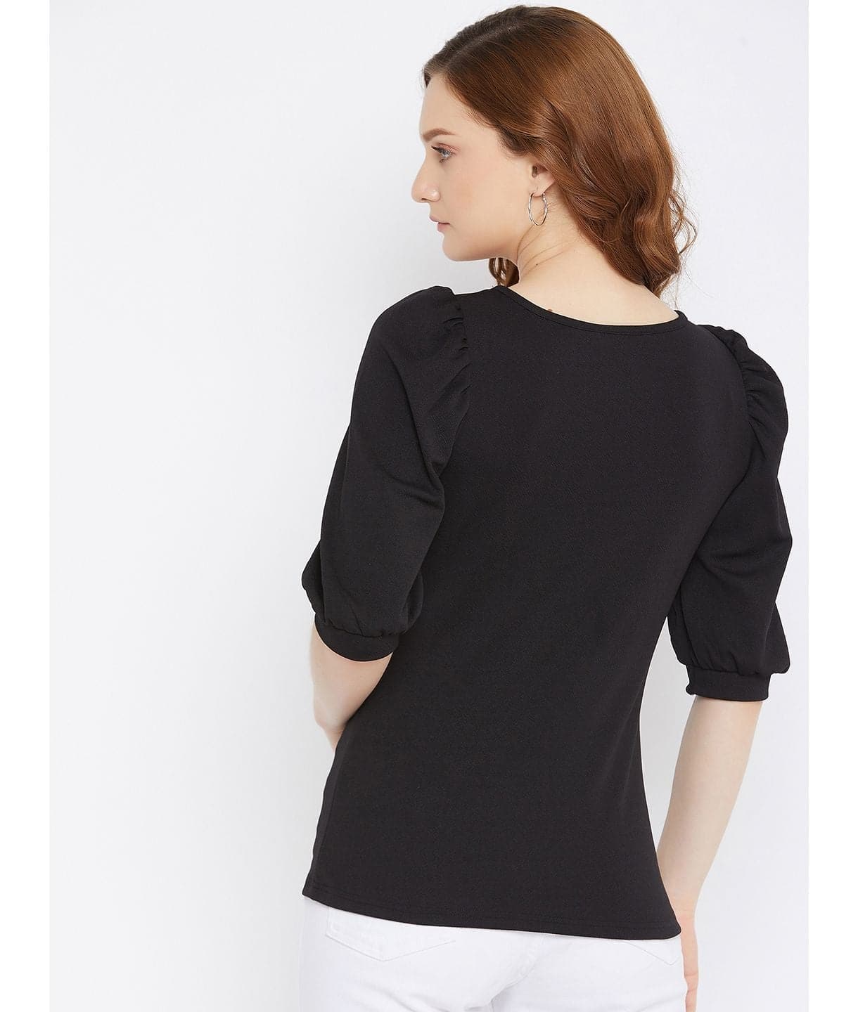 Cotton Solid Stretchable Round Neck Puff Sleeve Top - Uptownie