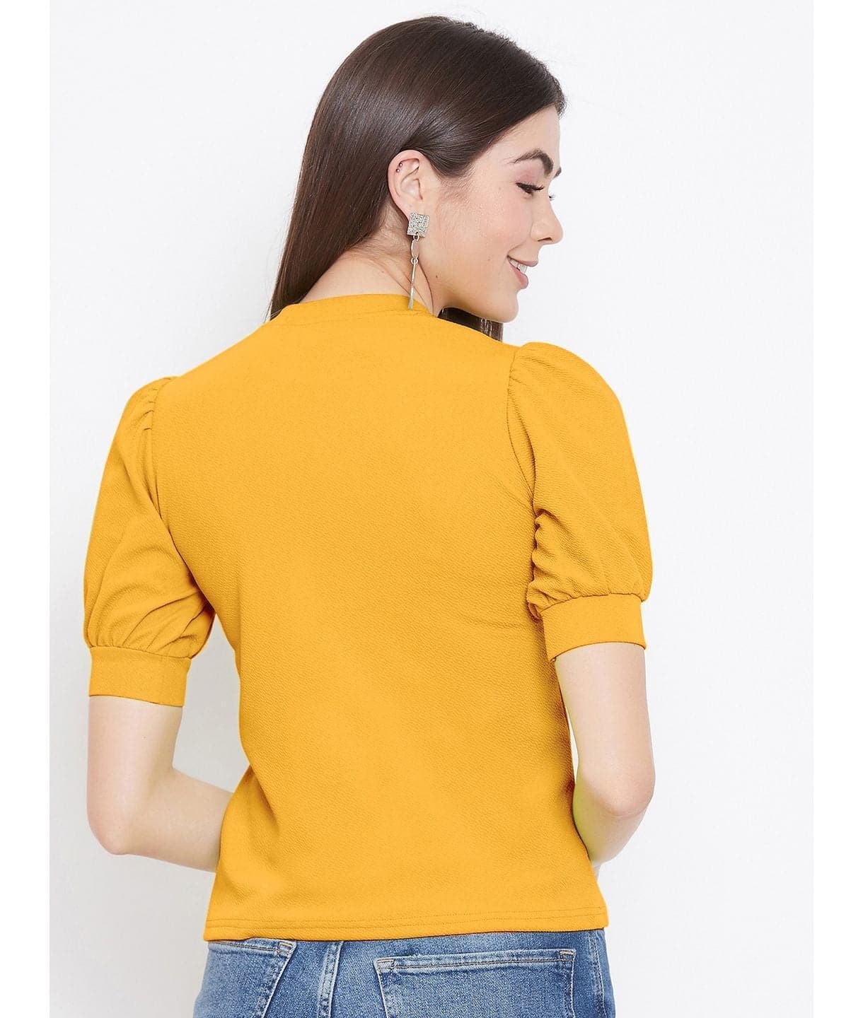 Cotton Solid Stretchable High Neck Puff Sleeve Top - Uptownie