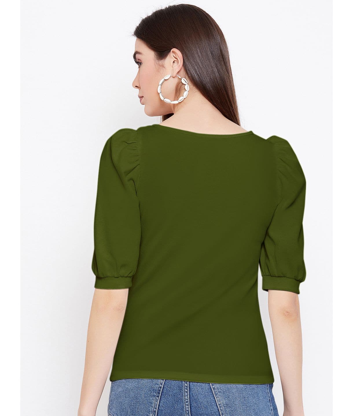 Cotton Solid Stretchable Round Neck Puff Sleeve Top - Uptownie