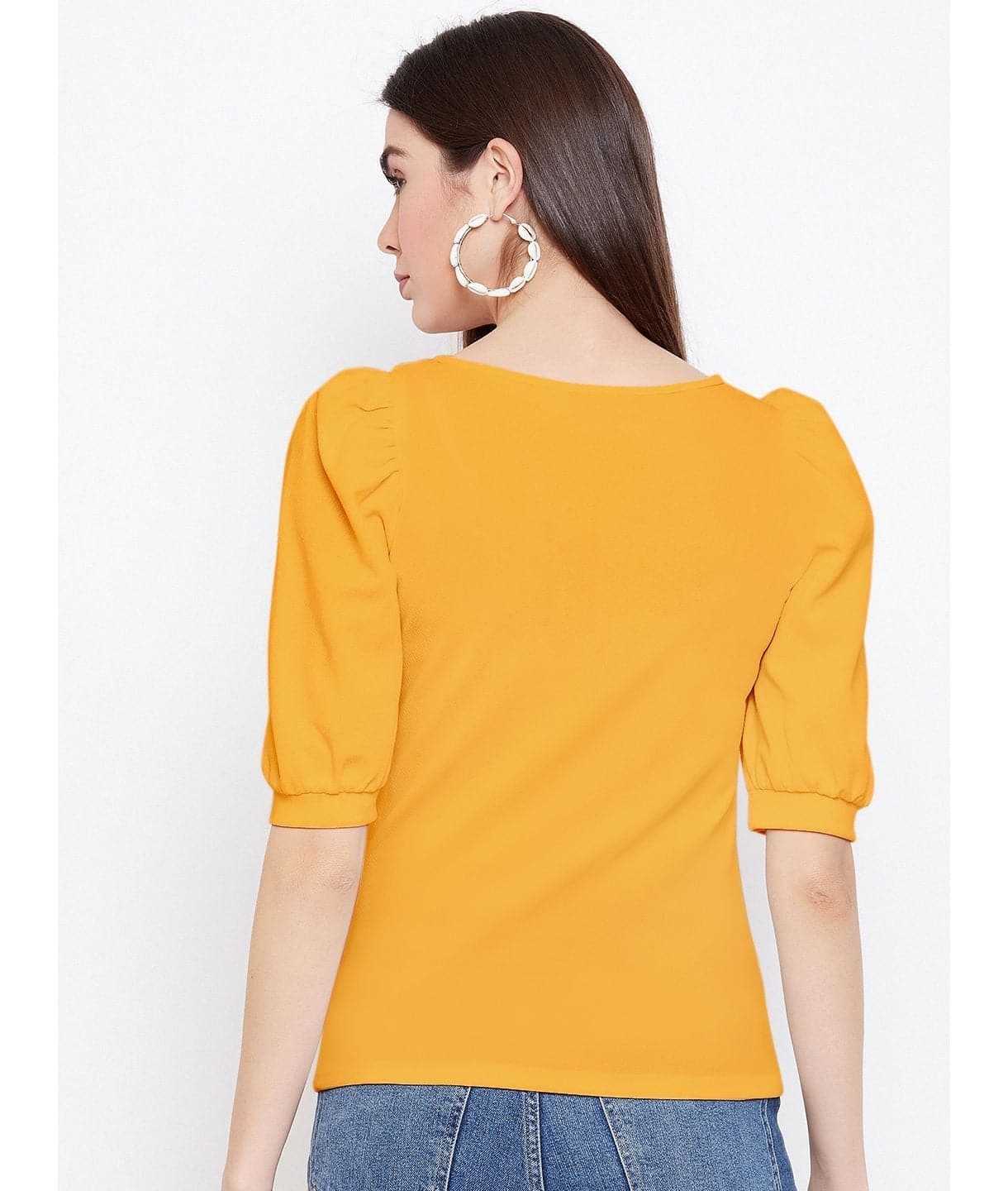 Cotton Solid Stretchable Round Neck Puff Sleeve Top - Uptownie