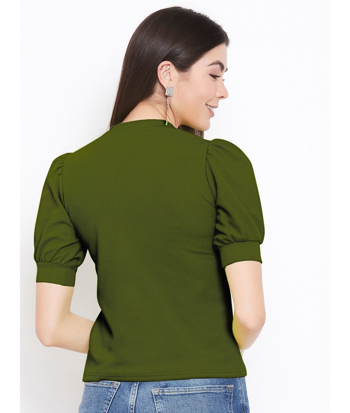 Cotton Solid Stretchable High Neck Puff Sleeve Top - Uptownie