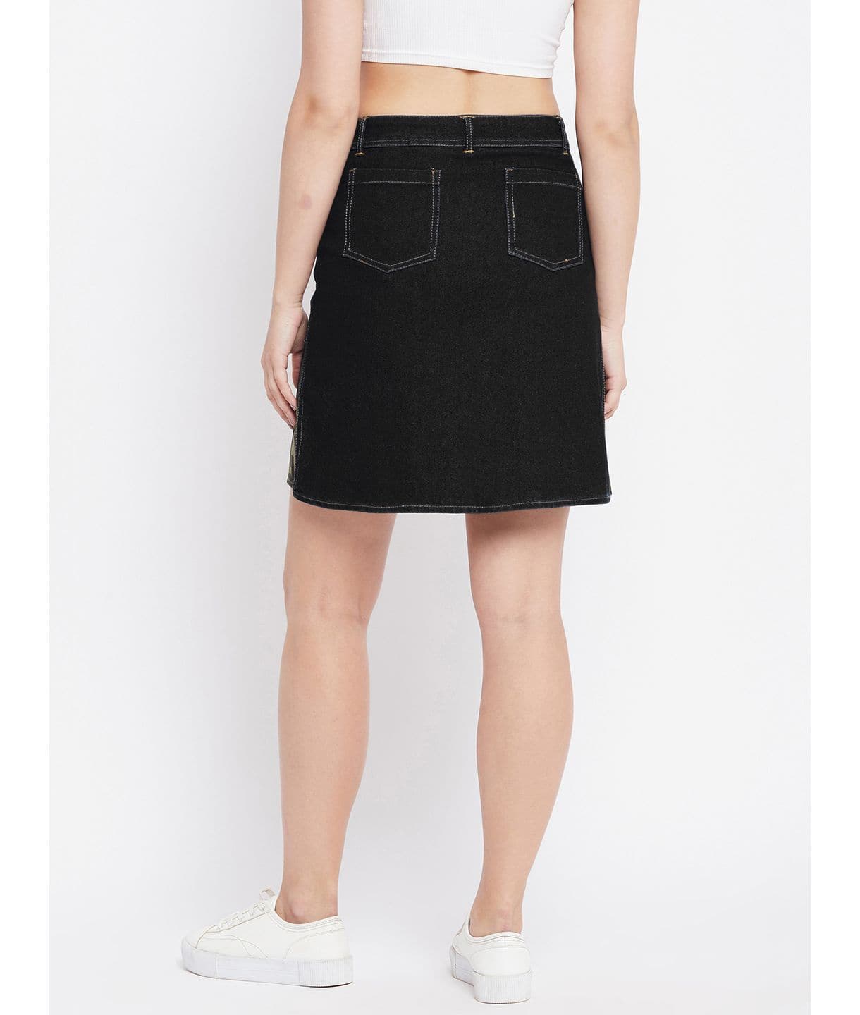 Stretchable Knee length Side Patch Denim Skirt - Uptownie