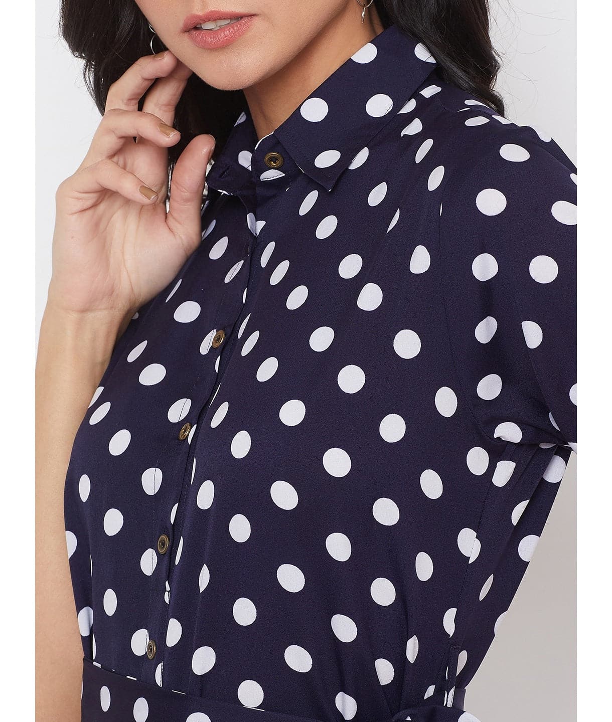Plus Printed Navy Blue Polka Collar Buttoned Down Shirt Maxi Dress - Uptownie