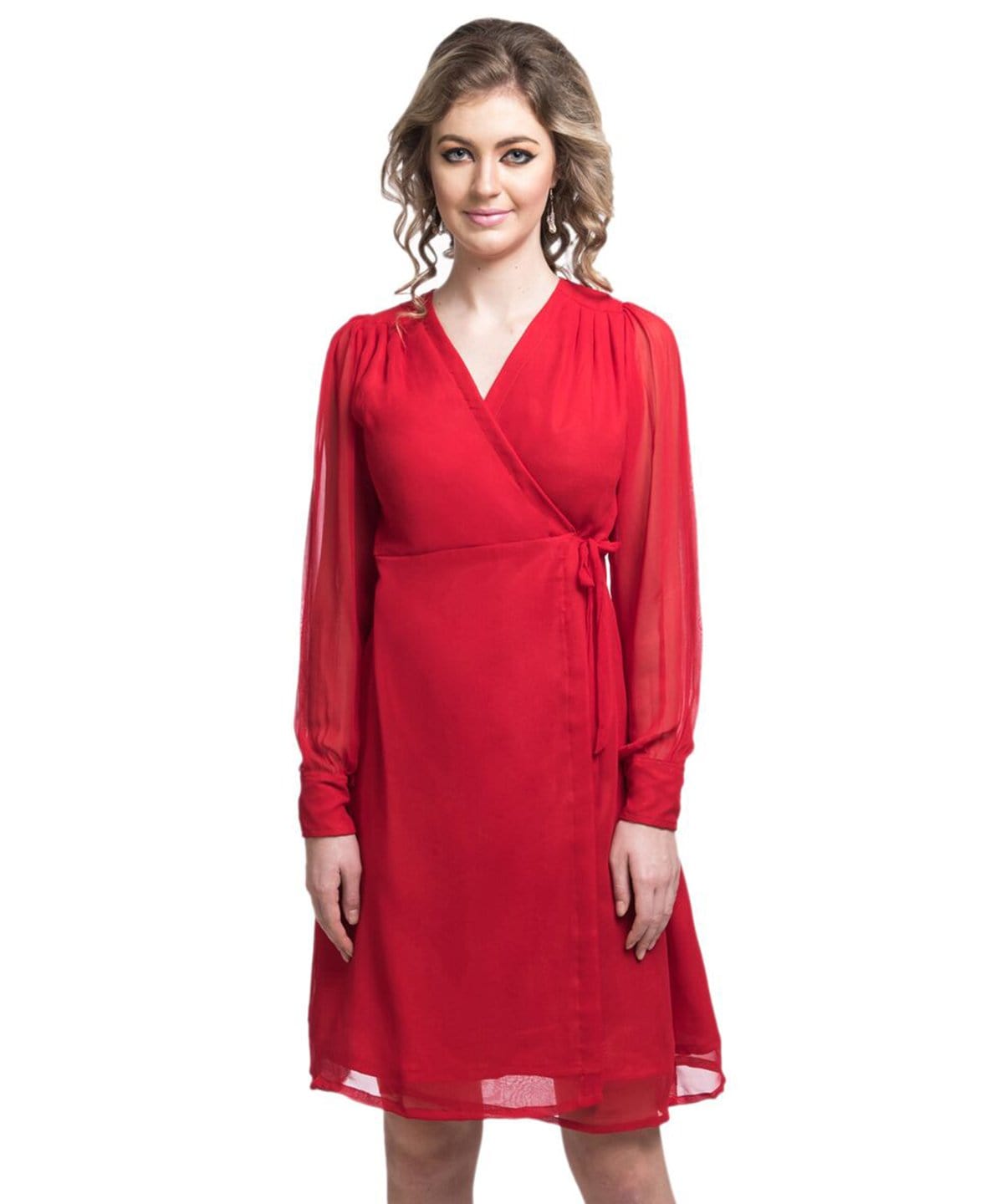 Solid Red Wrap Georgette Dress - Uptownie