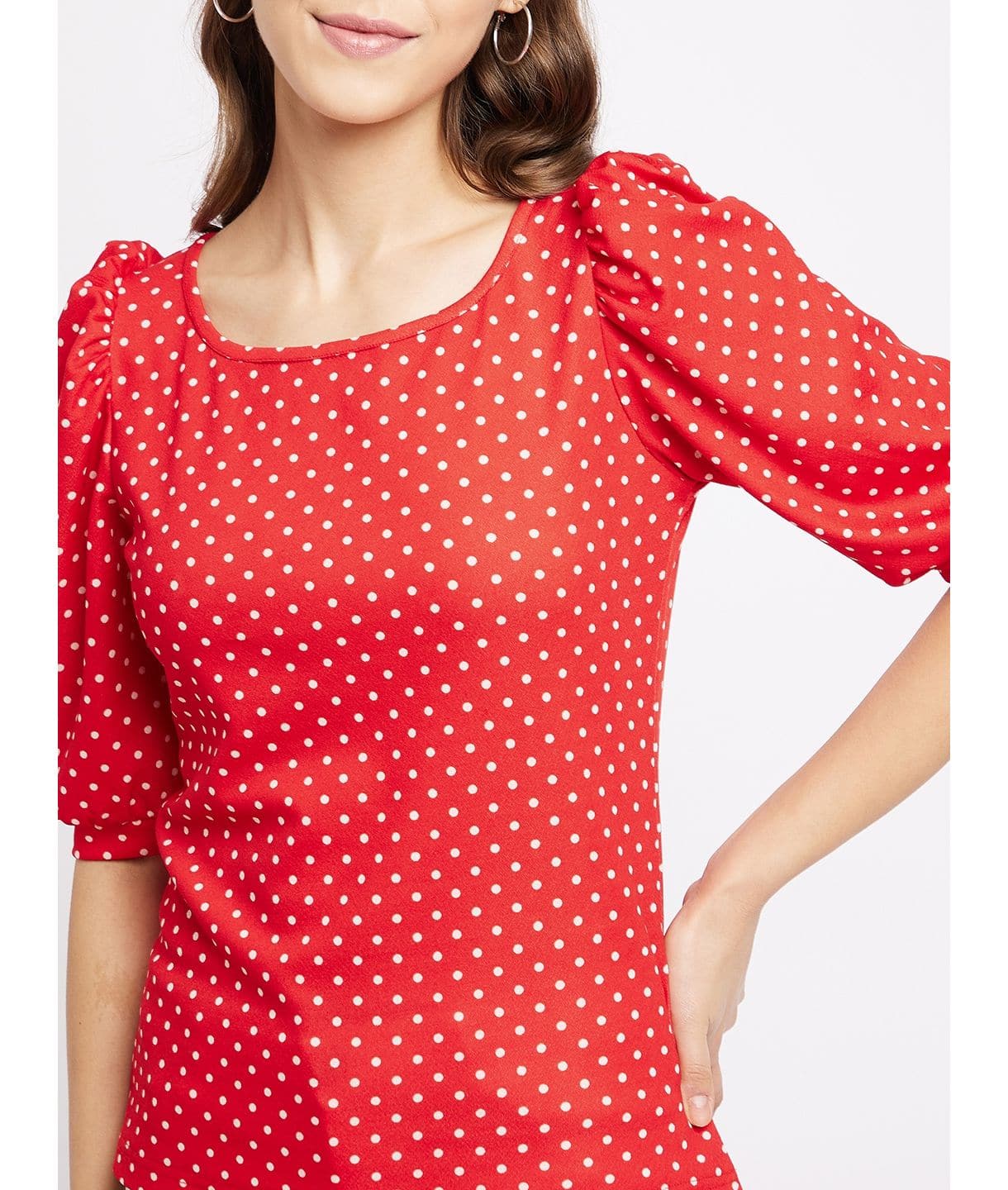 Cotton Polka Stretchable Puff Sleeve Top - Uptownie