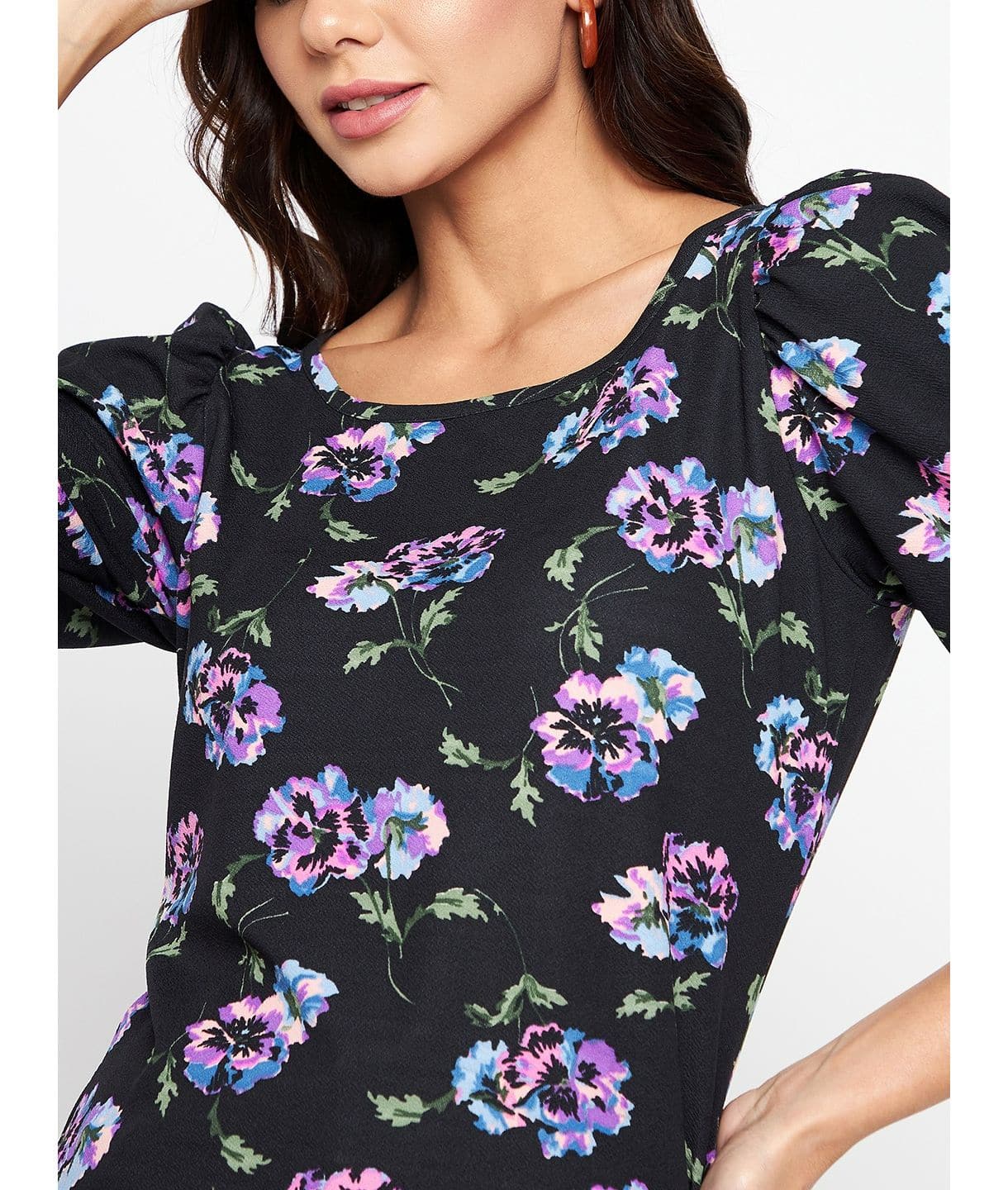 Cotton Floral Printed Stretchable Puff Sleeve Top - Uptownie