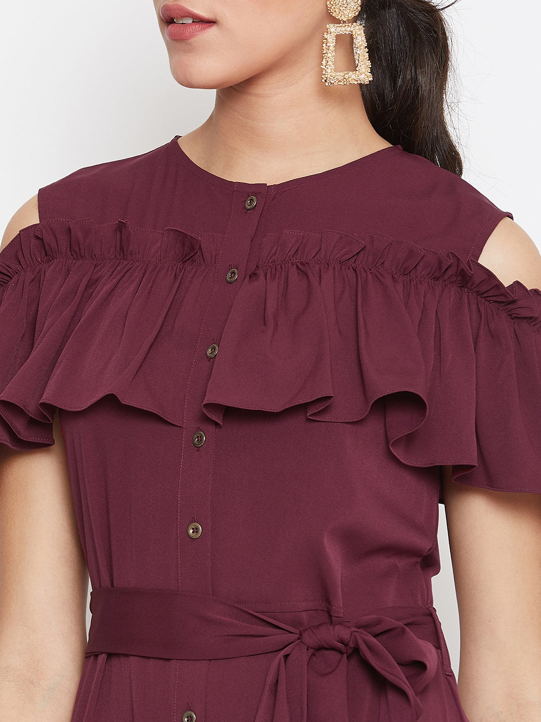 Ruffled Buttoned Cold Shoulder Maxi Dress - Uptownie