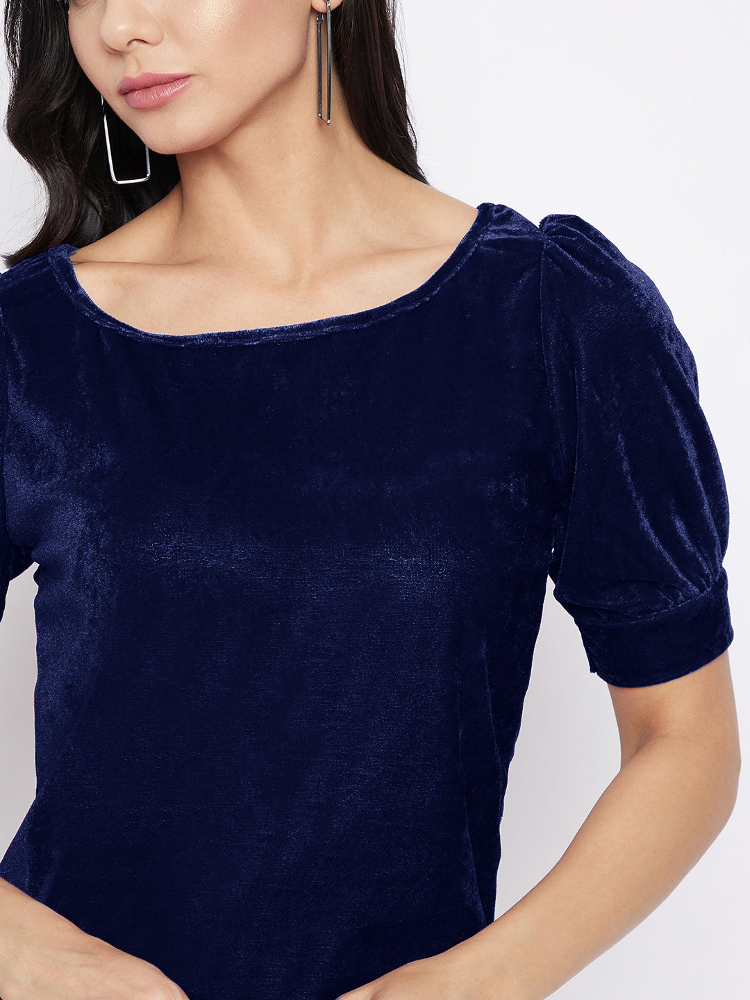 Stretchable Velvet Round Neck Puff Sleeve Top - Uptownie