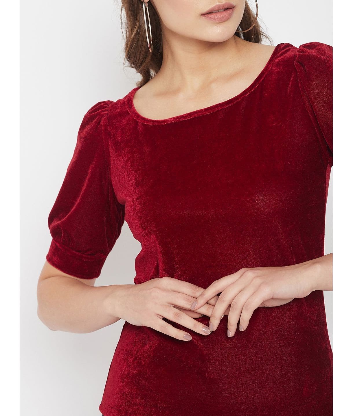 Stretchable Velvet Round Neck Puff Sleeve Top - Uptownie