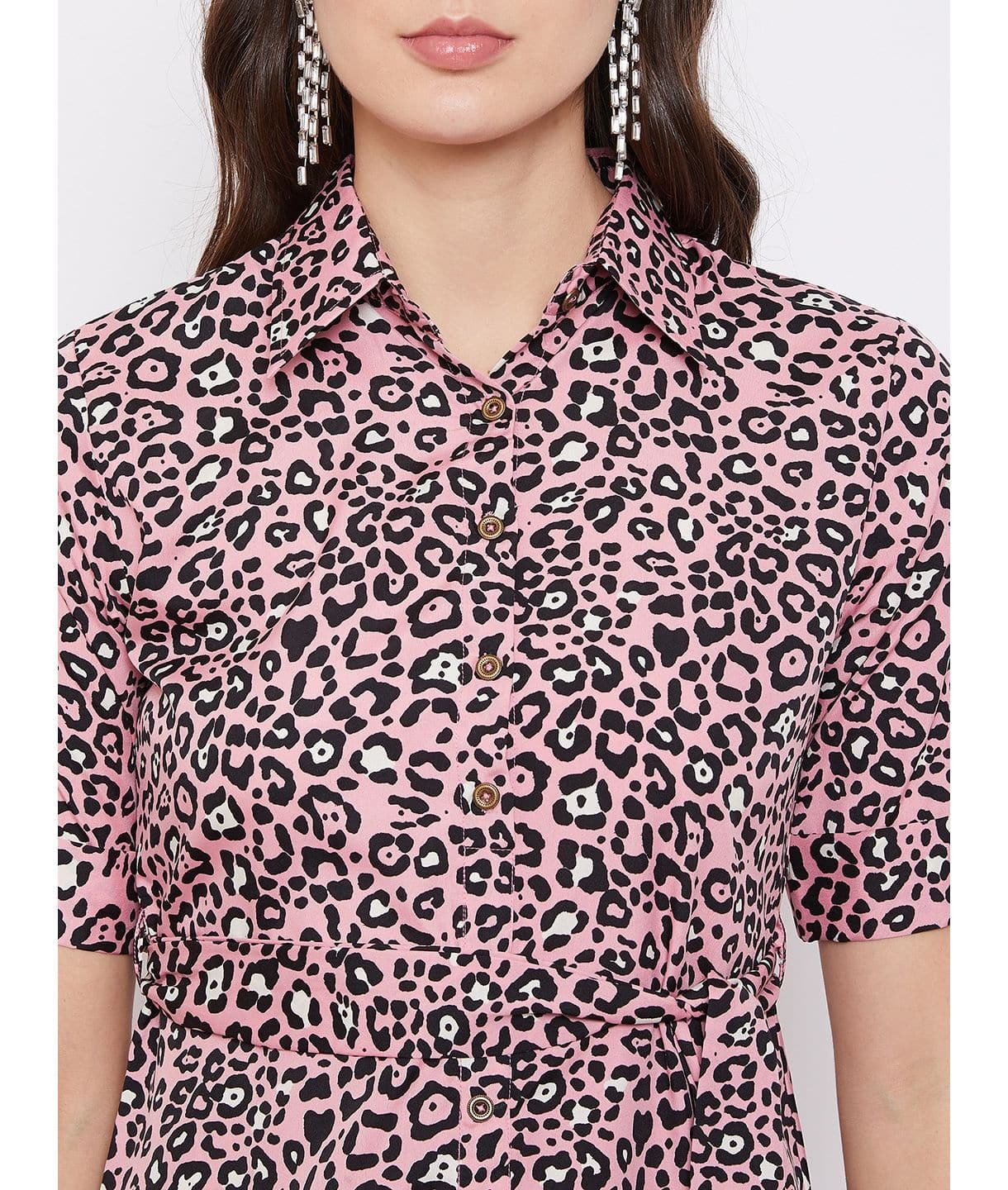 Plus Pink Animal Printed Collar Buttoned Down Shirt Maxi Dress - Uptownie