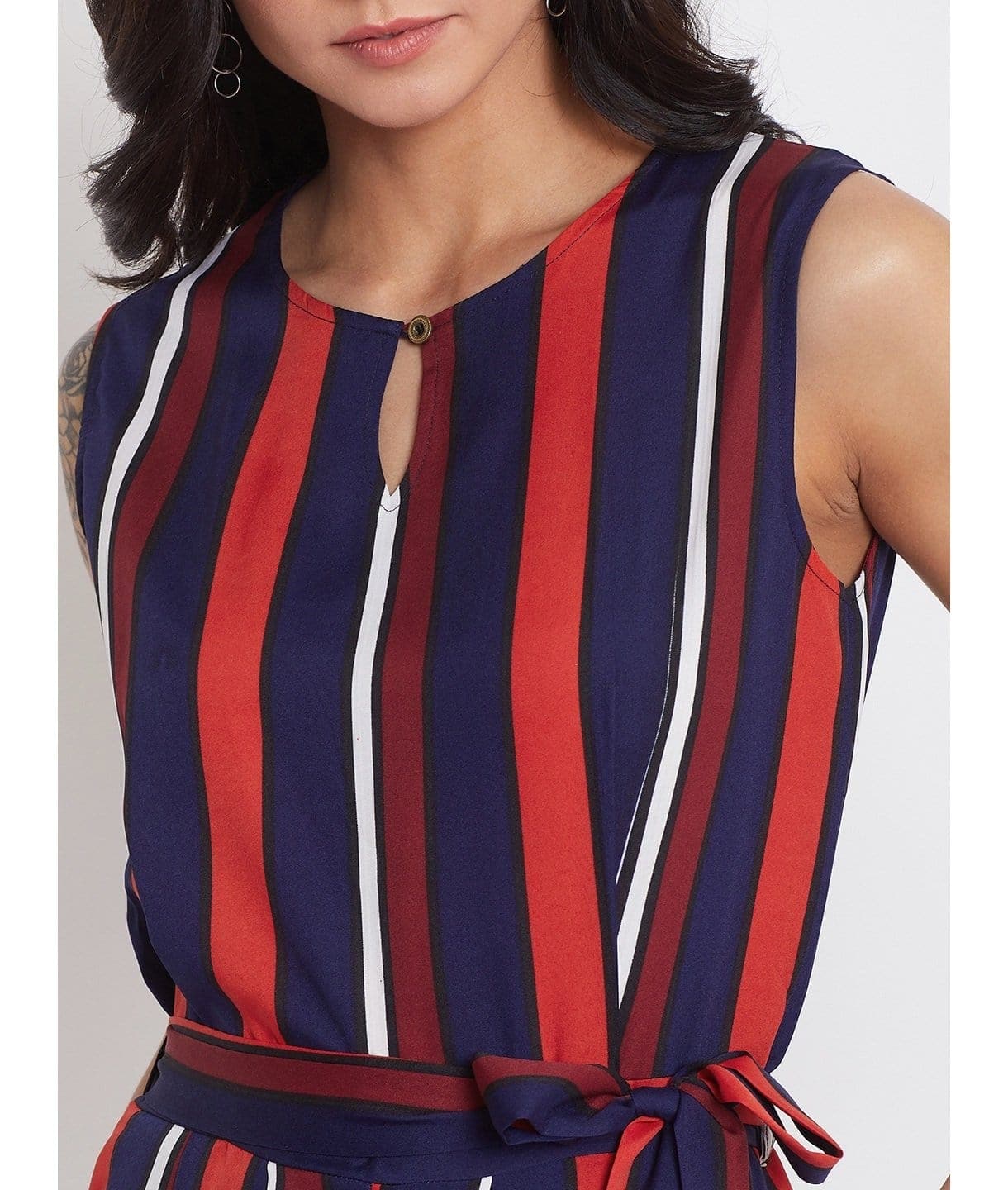 Striped Keyhole Jumpsuit with Belt - Uptownie