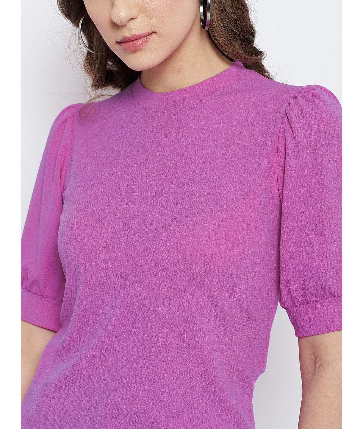 Cotton Solid Stretchable High Neck Puff Sleeve Top - Uptownie