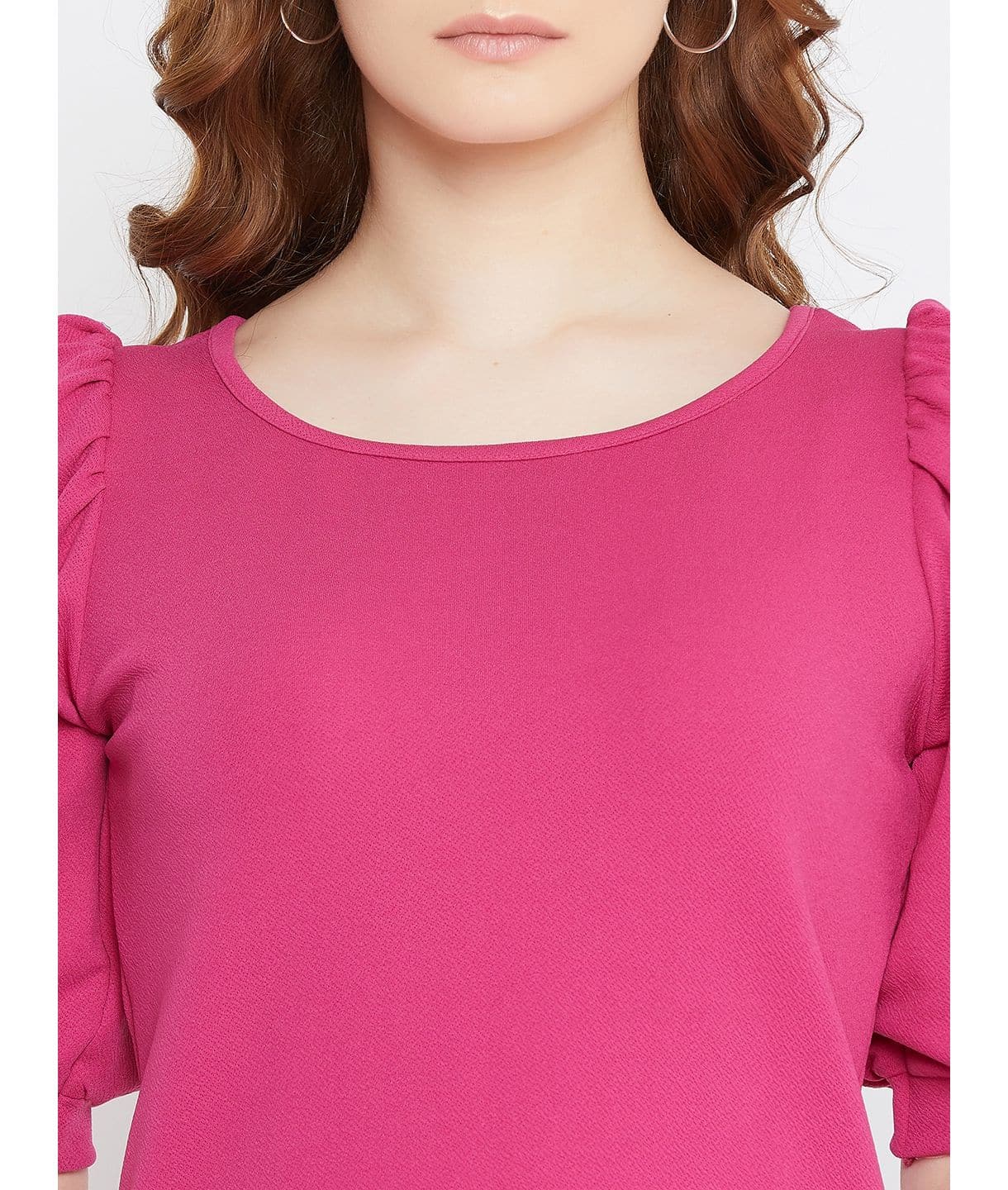 Cotton Solid Stretchable Round Neck Puff Sleeve Top - Uptownie