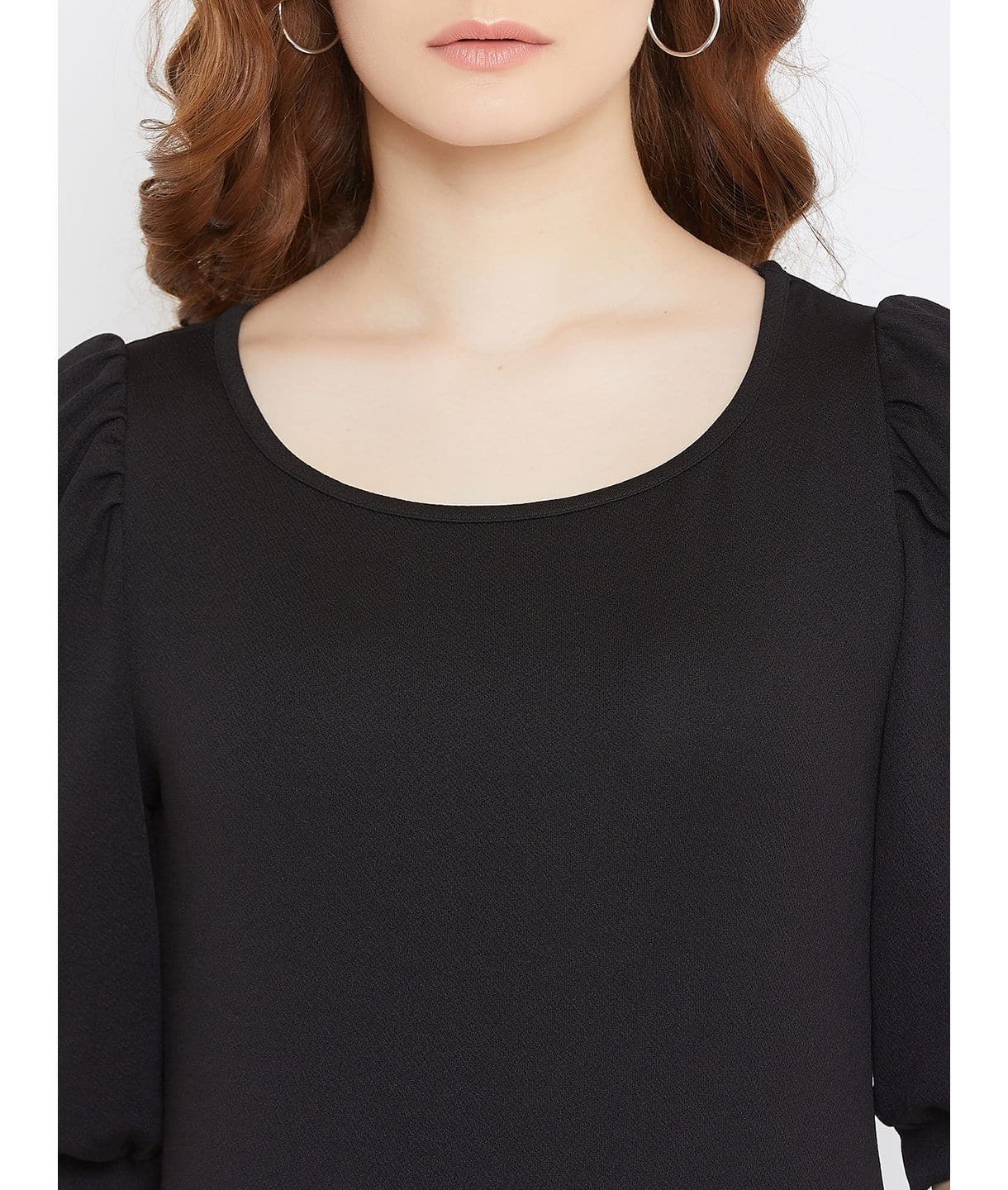 Cotton Solid Stretchable Round Neck Puff Sleeve Top - Uptownie