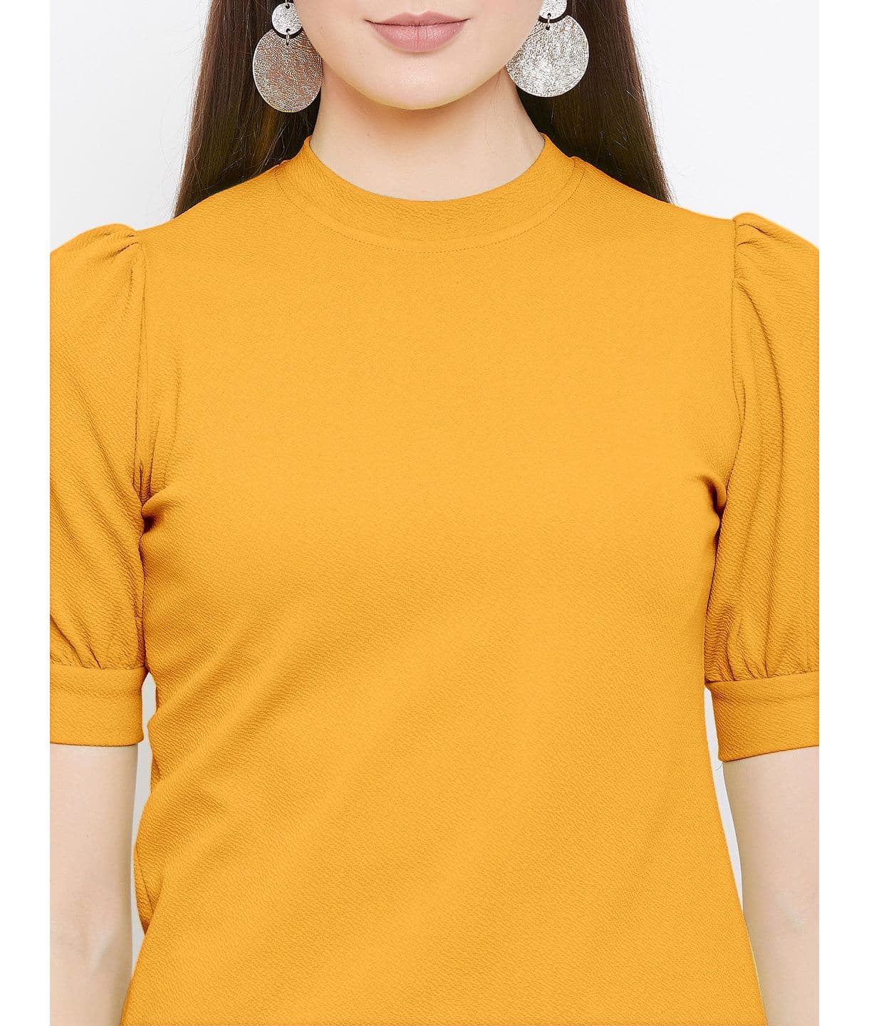 Cotton Solid Stretchable High Neck Puff Sleeve Top - Uptownie