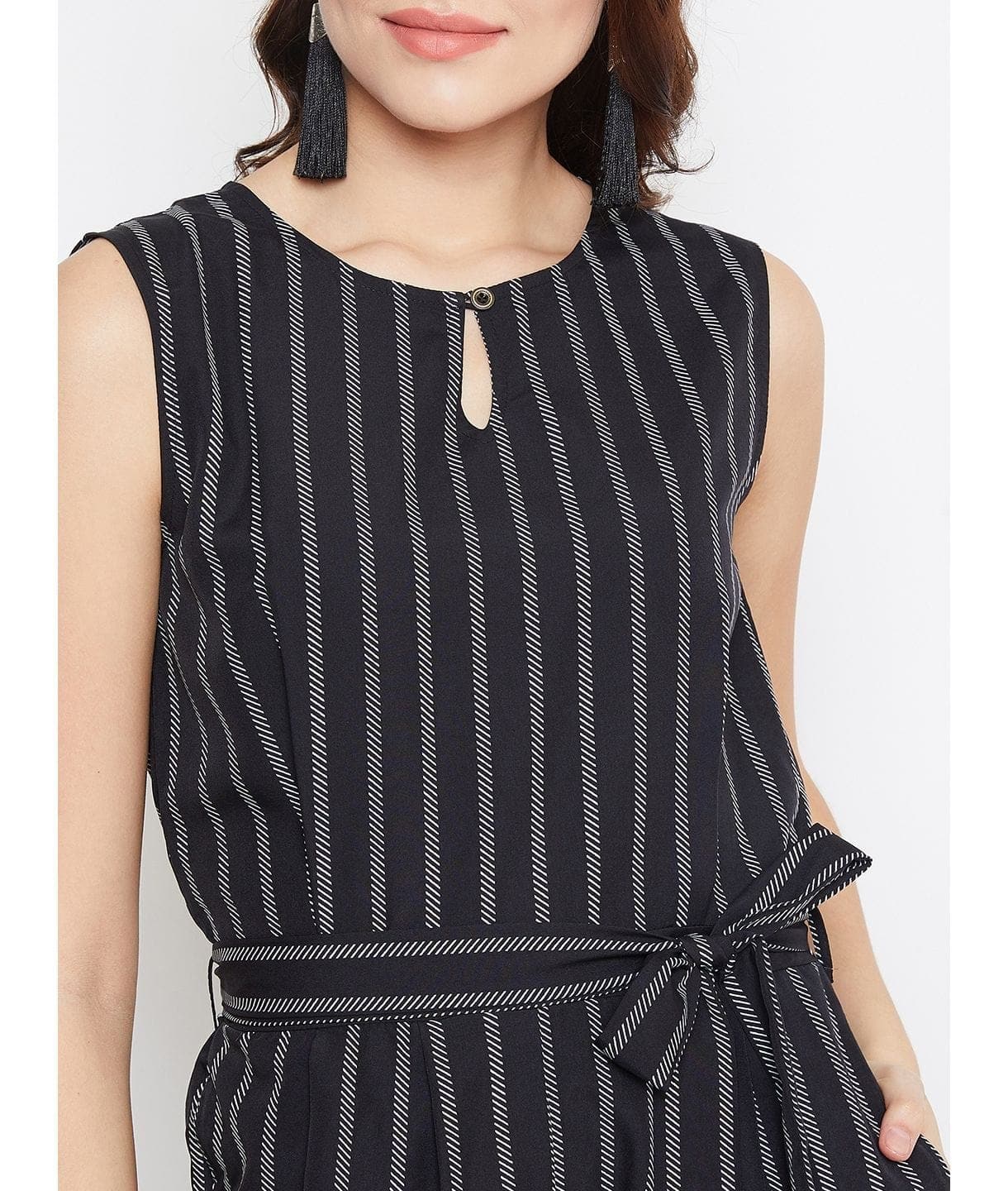 Striped Keyhole Jumpsuit with Belt - Uptownie