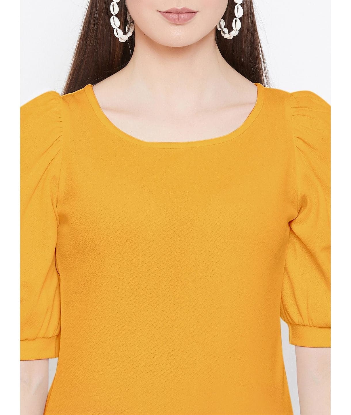 Cotton Solid Stretchable Round Neck Puff Sleeve Top - Uptownie
