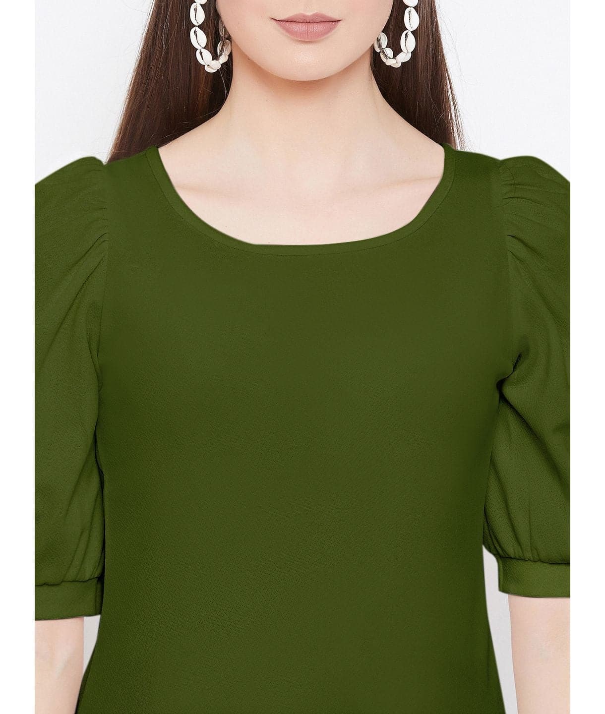 Cotton Solid Stretchable Round Neck Puff Sleeve Top - Uptownie