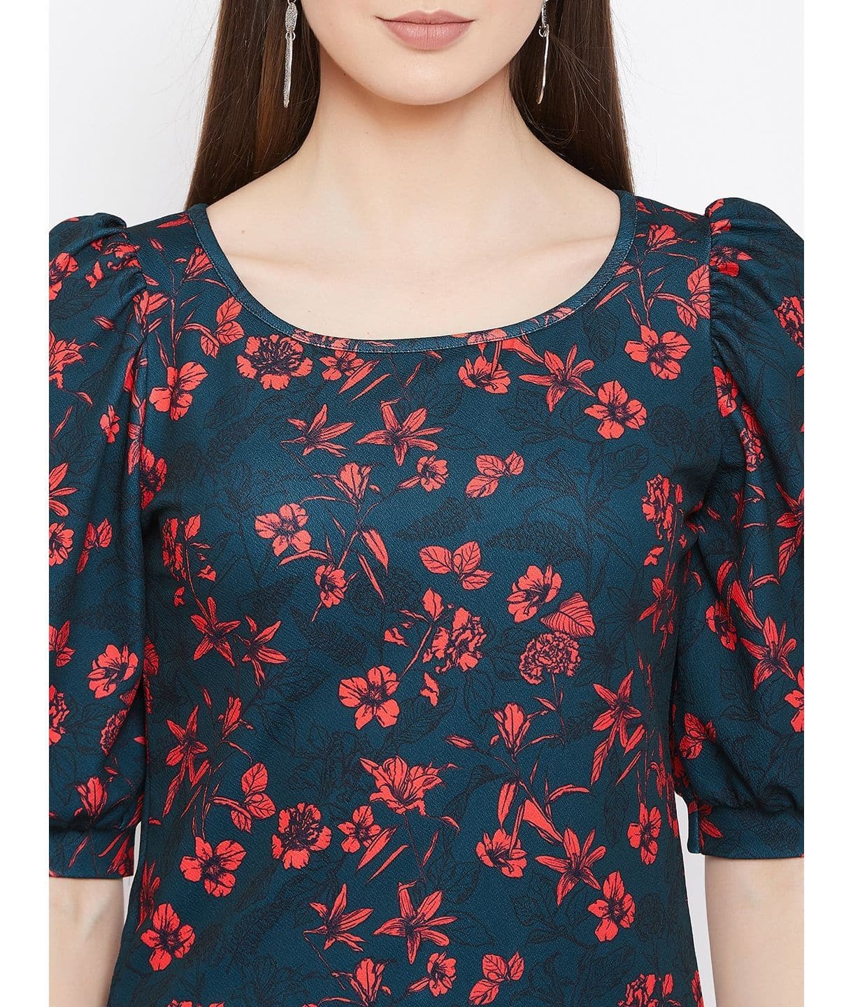 Plus Cotton Floral Stretchable Puff Sleeve Top - Uptownie