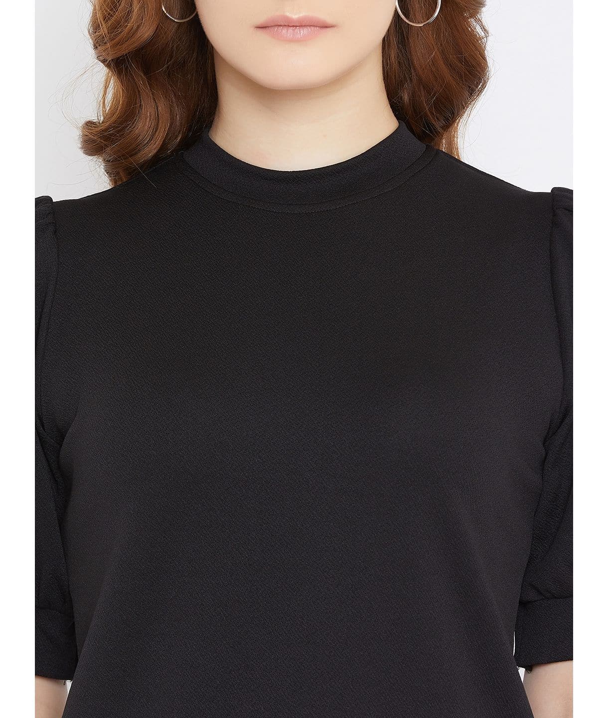 Cotton Solid Stretchable High Neck Puff Sleeve Top - Uptownie