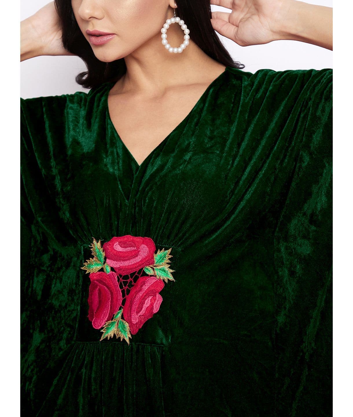 Stretchable Velvet Kaftan with Floral Embroidery - Uptownie