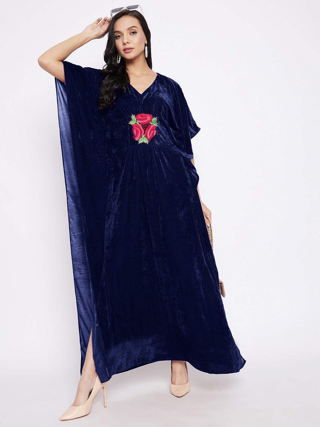 Stretchable Velvet Kaftan with Floral Embroidery - Uptownie