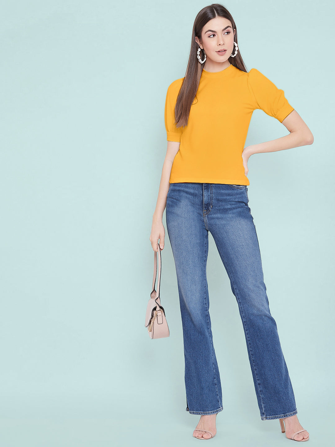 Cotton Solid Stretchable High Neck Puff Sleeve Top - Uptownie