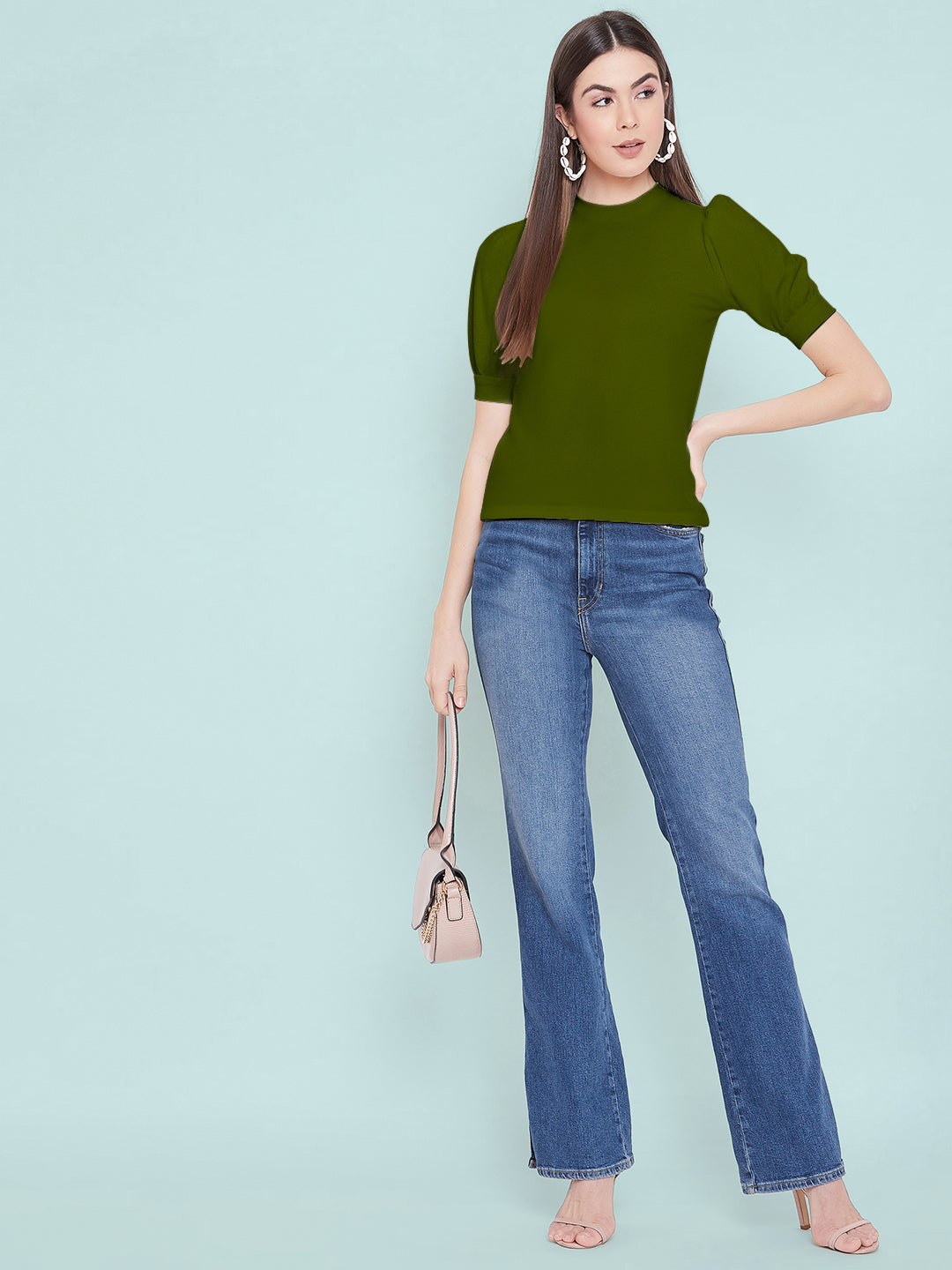 Cotton Solid Stretchable High Neck Puff Sleeve Top - Uptownie