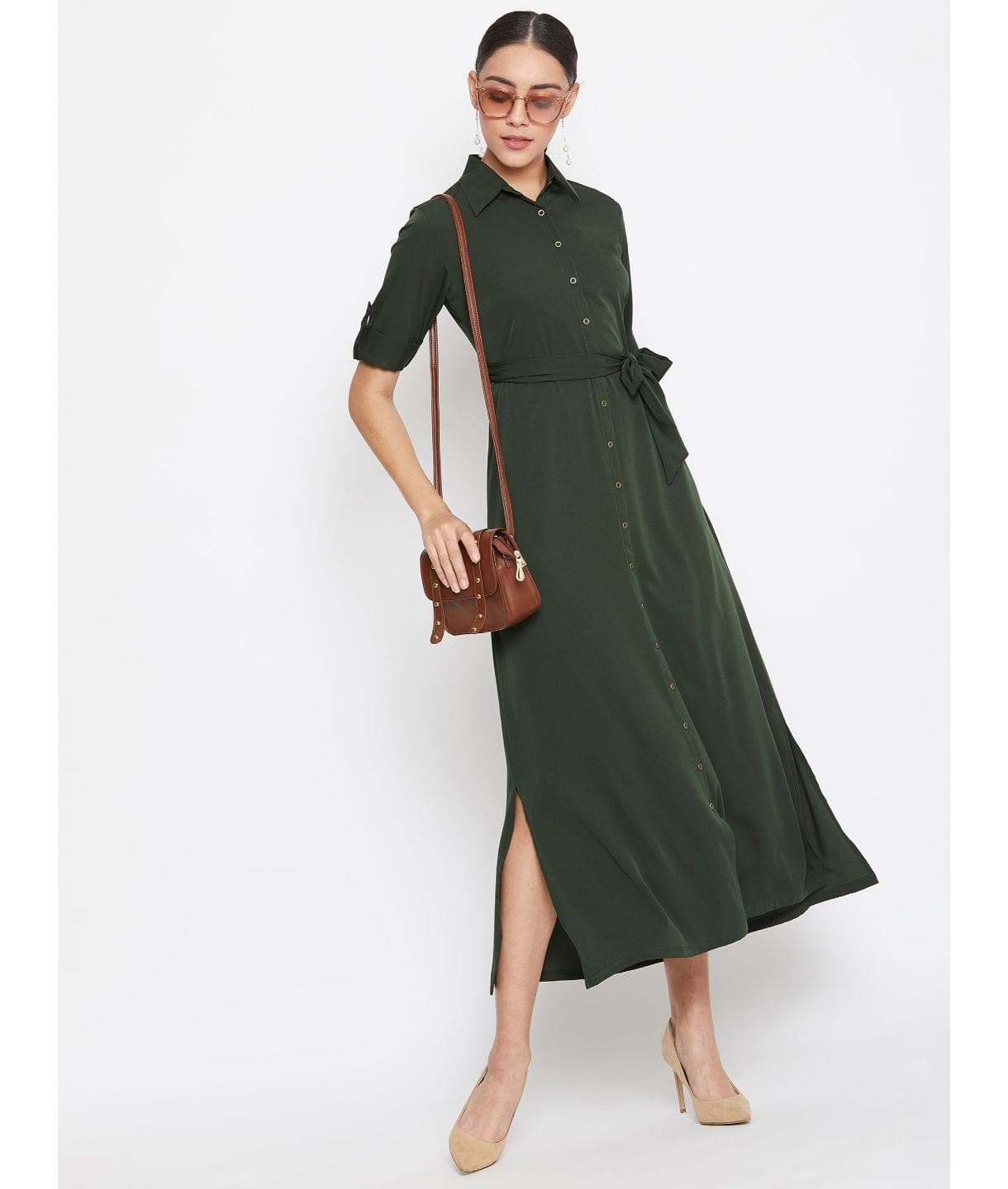 Plus Army Green Solid Crepe Collar Buttoned Down Shirt Maxi Dress - Uptownie