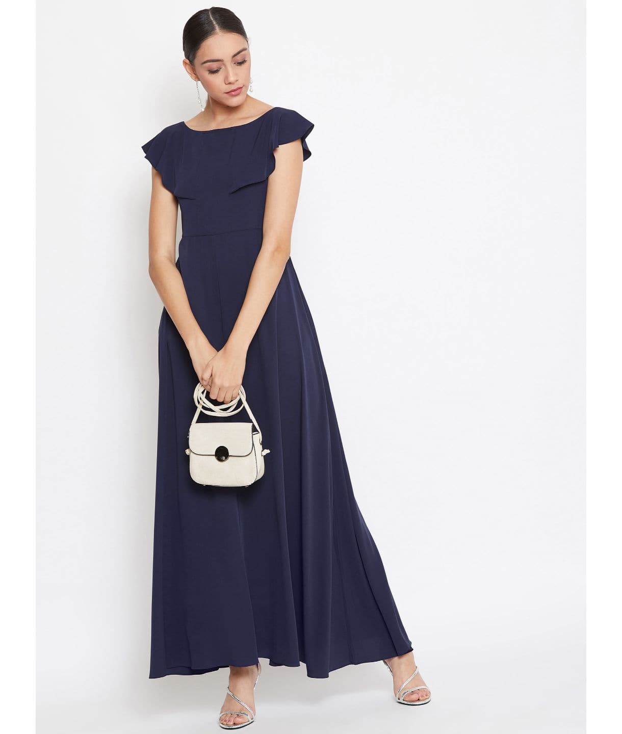 Plus Navy Blue Solid Crepe Ruffled Maxi Dress/Gown - Uptownie