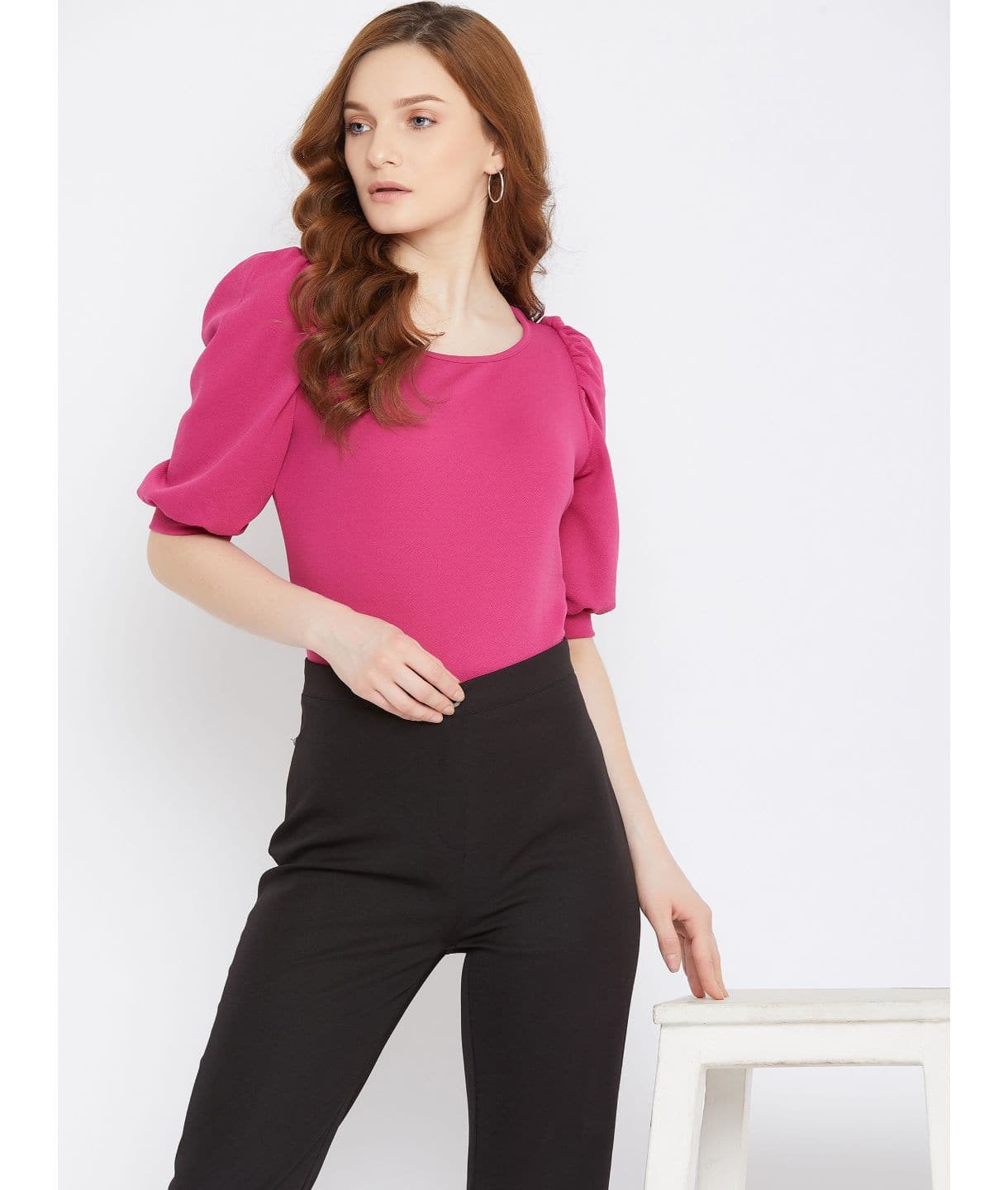 Plus Cotton Solid Stretchable Puff Sleeve Top - Uptownie