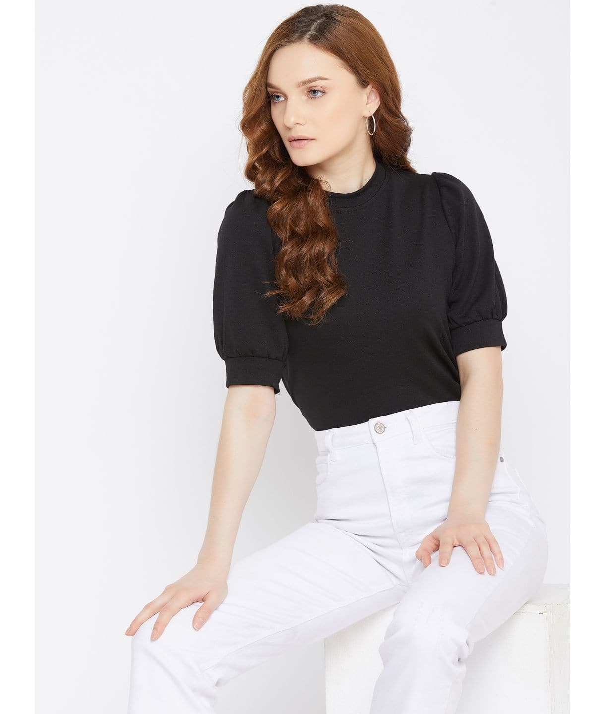 Plus Cotton Solid Stretchable Puff Sleeve Top - Uptownie