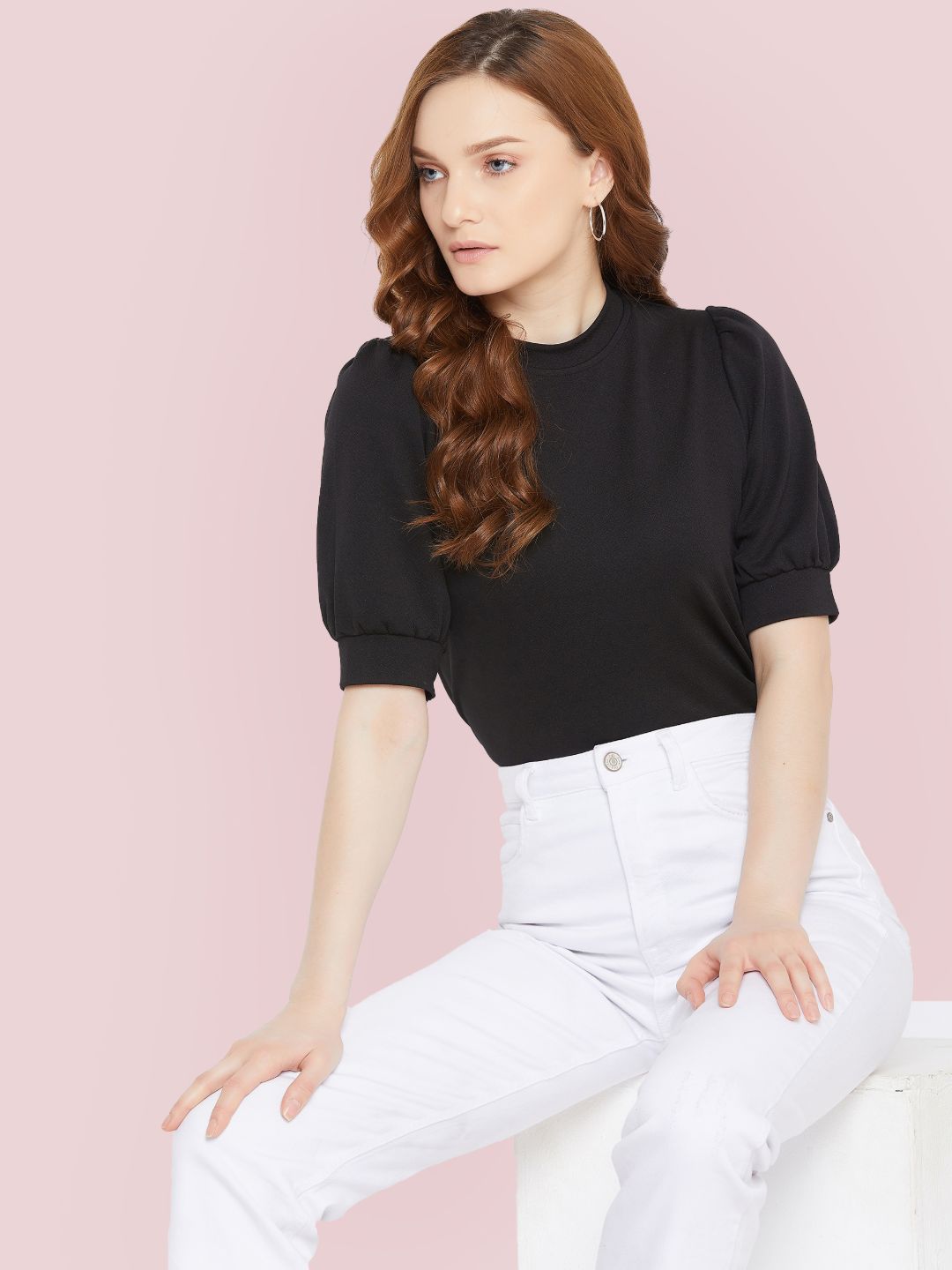 Cotton Solid Stretchable High Neck Puff Sleeve Top - Uptownie