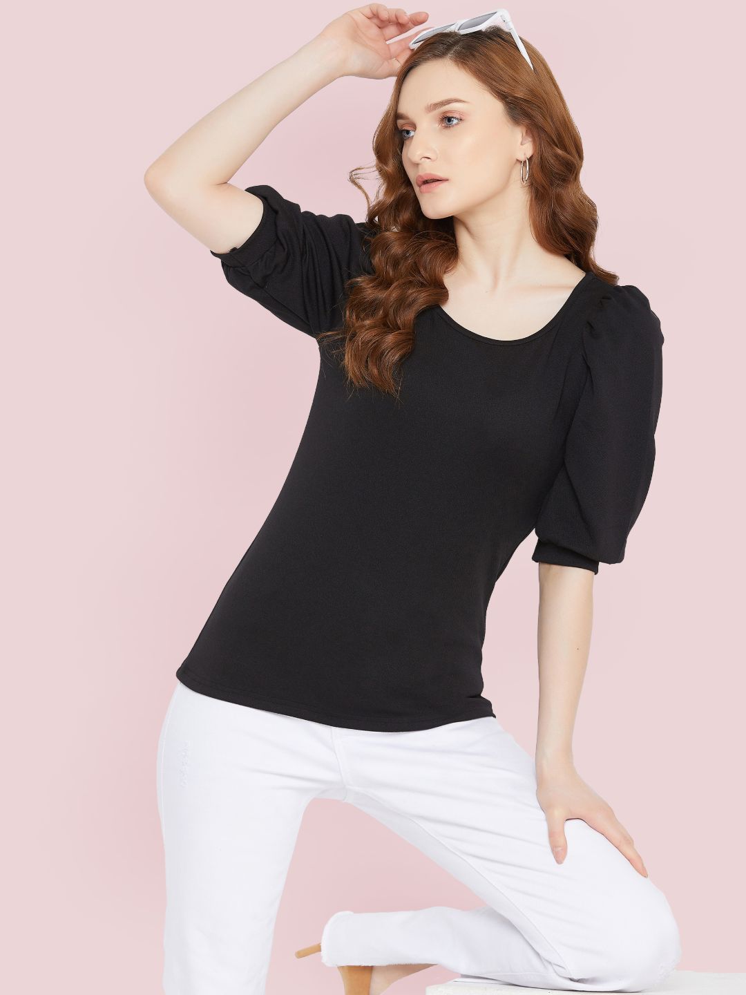 Cotton Solid Stretchable Round Neck Puff Sleeve Top - Uptownie