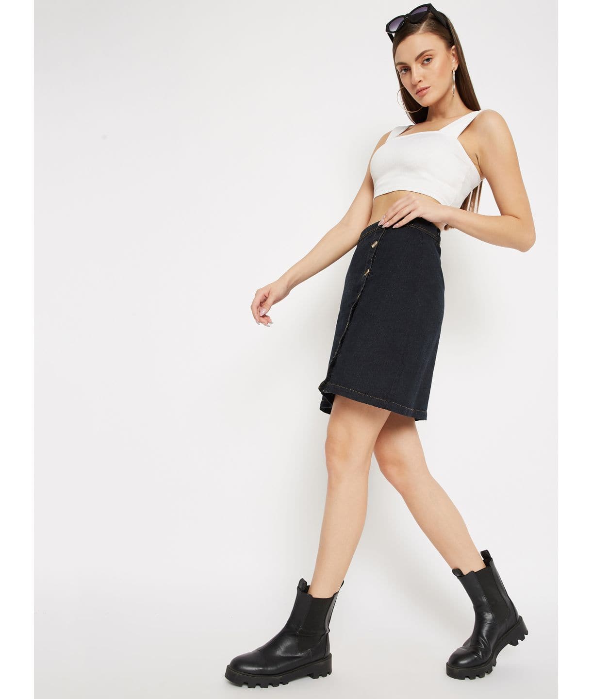 Stretchable Knee length Denim Skirt - Uptownie