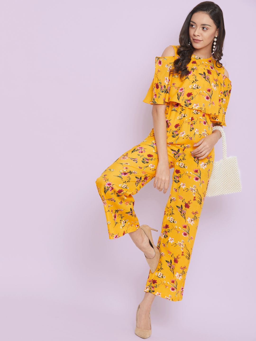 Floral Cold Shoulder Flared Jumpsuit - Uptownie