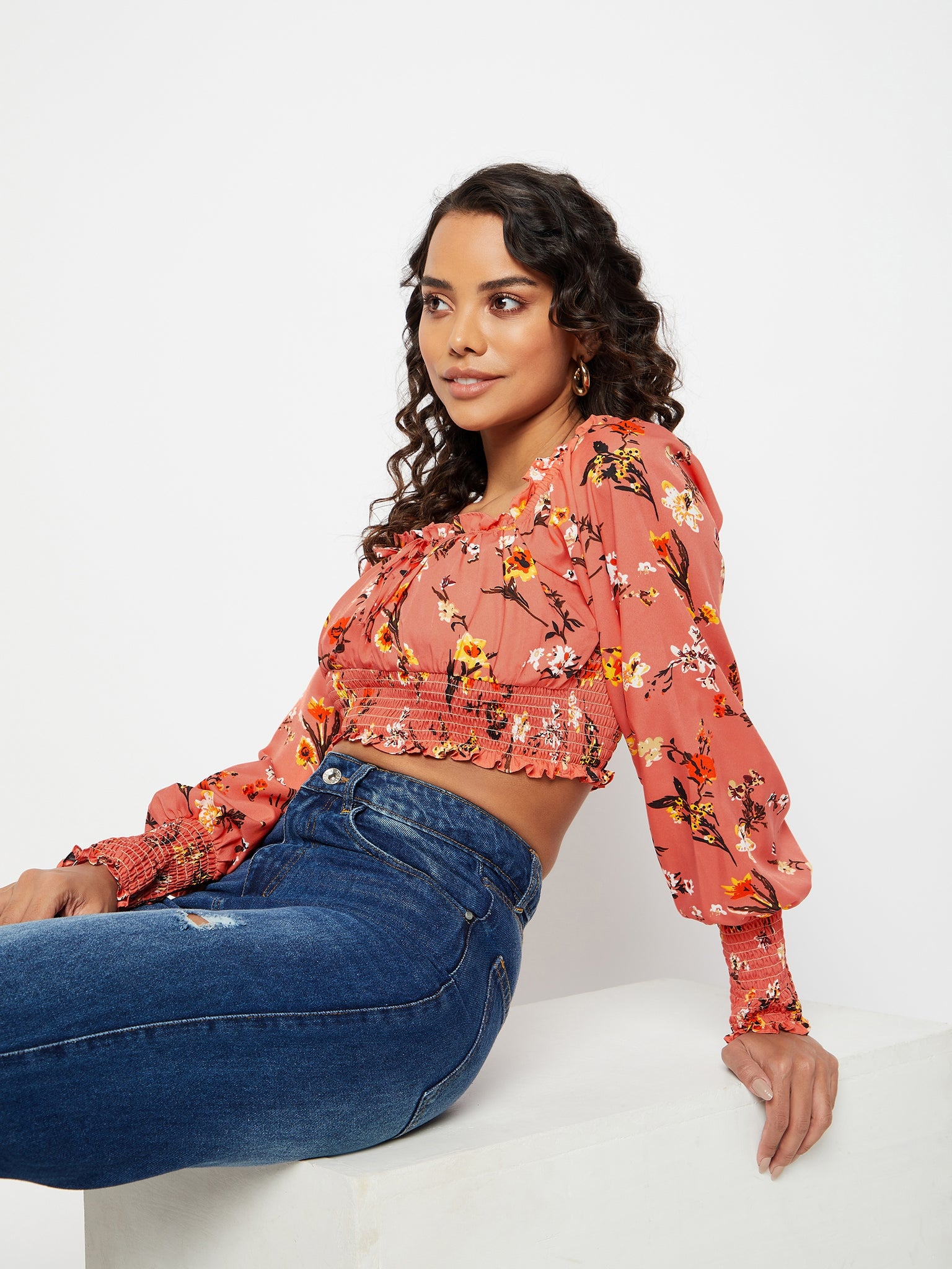 Floral Smocked Full Sleeve Crop Top - Uptownie