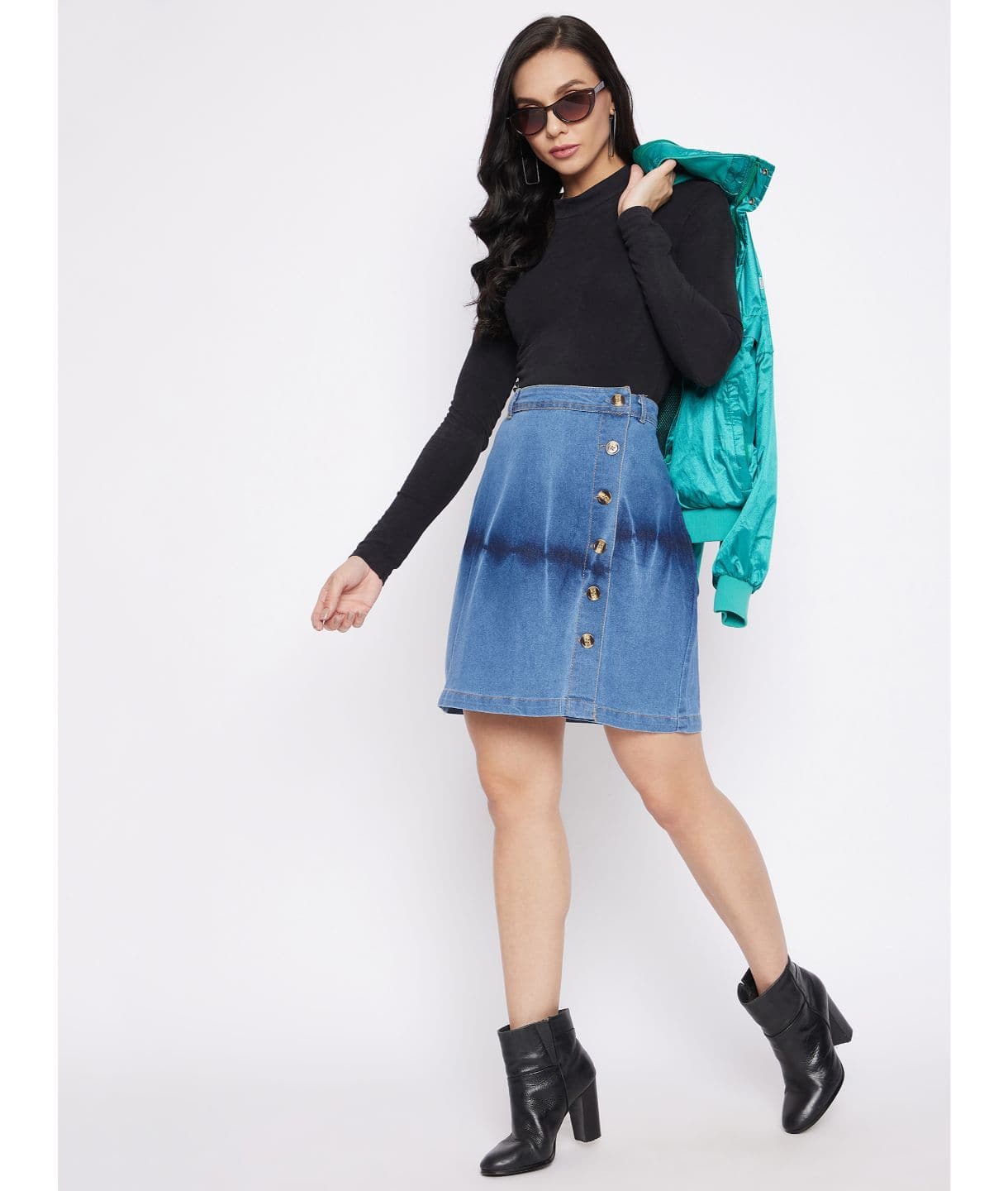 Stretchable Knee Length Washed Denim Skirt - Uptownie