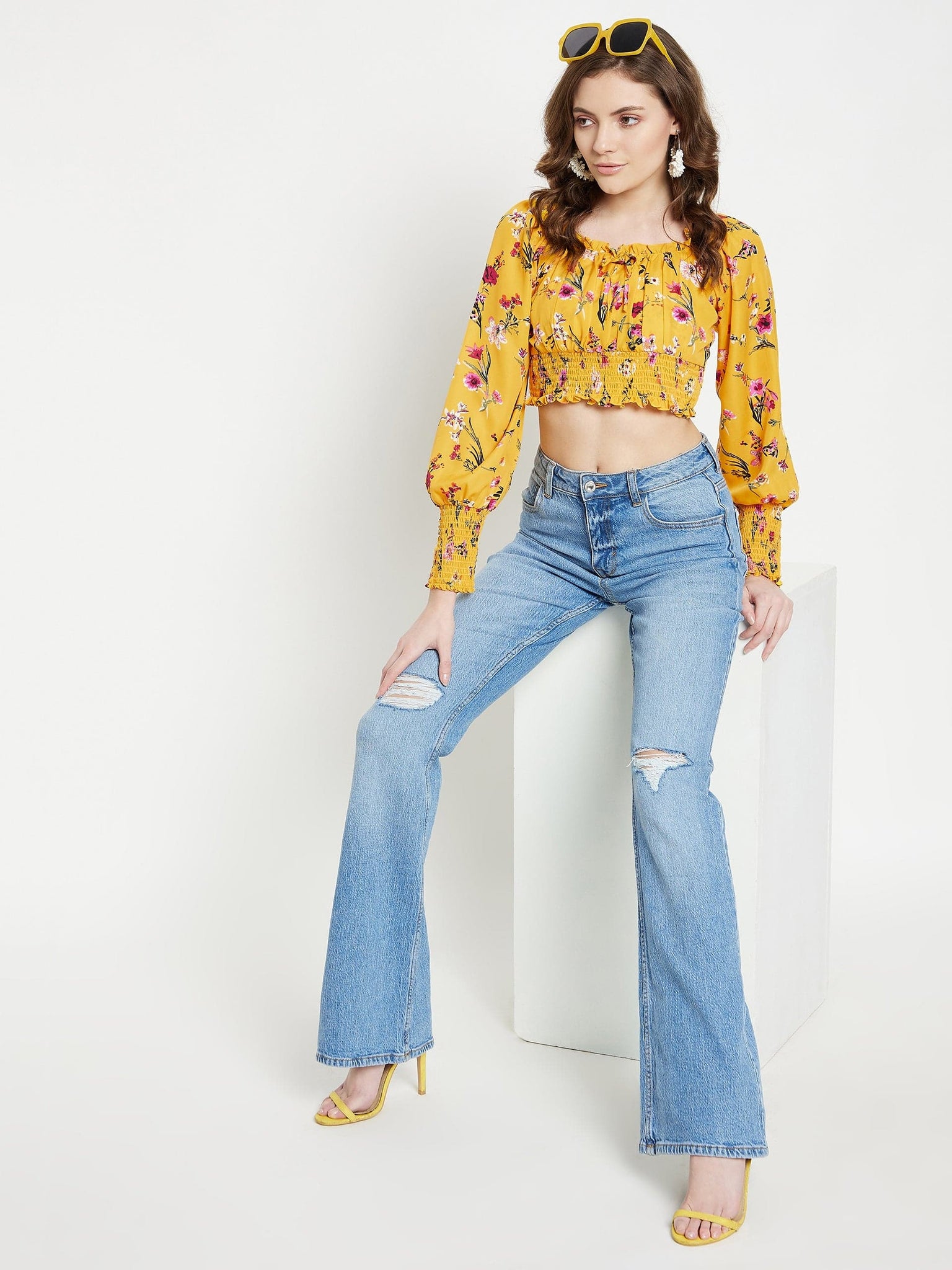 Floral Smocked Full Sleeve Crop Top - Uptownie