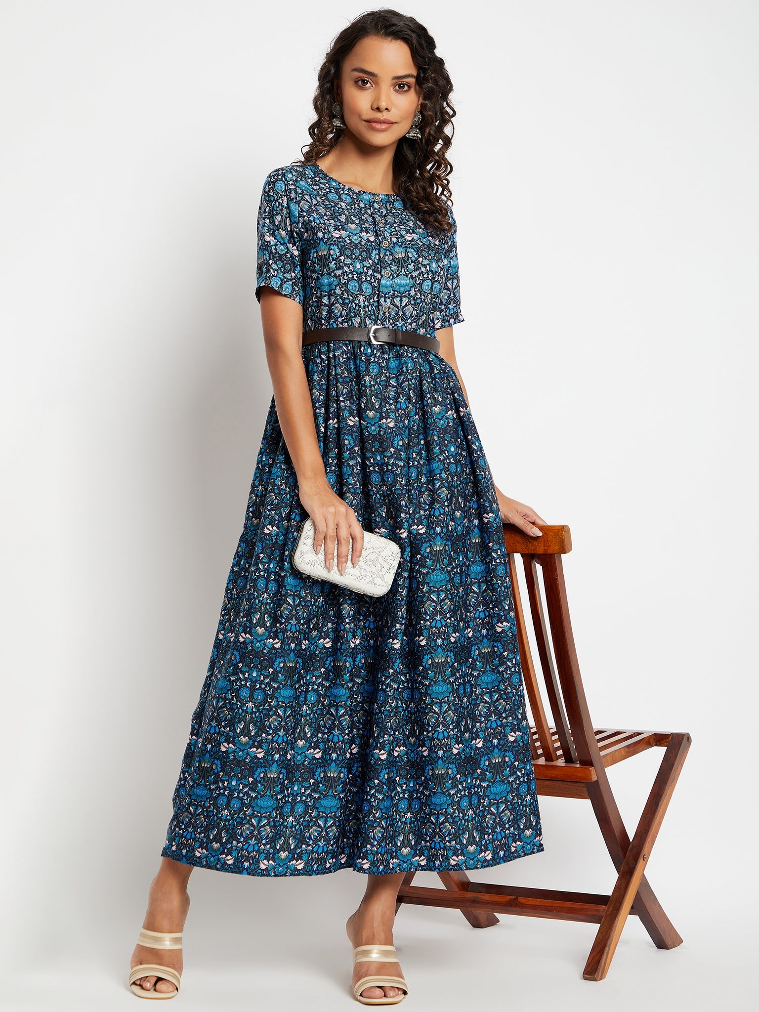 Printed Maxi Dress with Belt - Uptownie