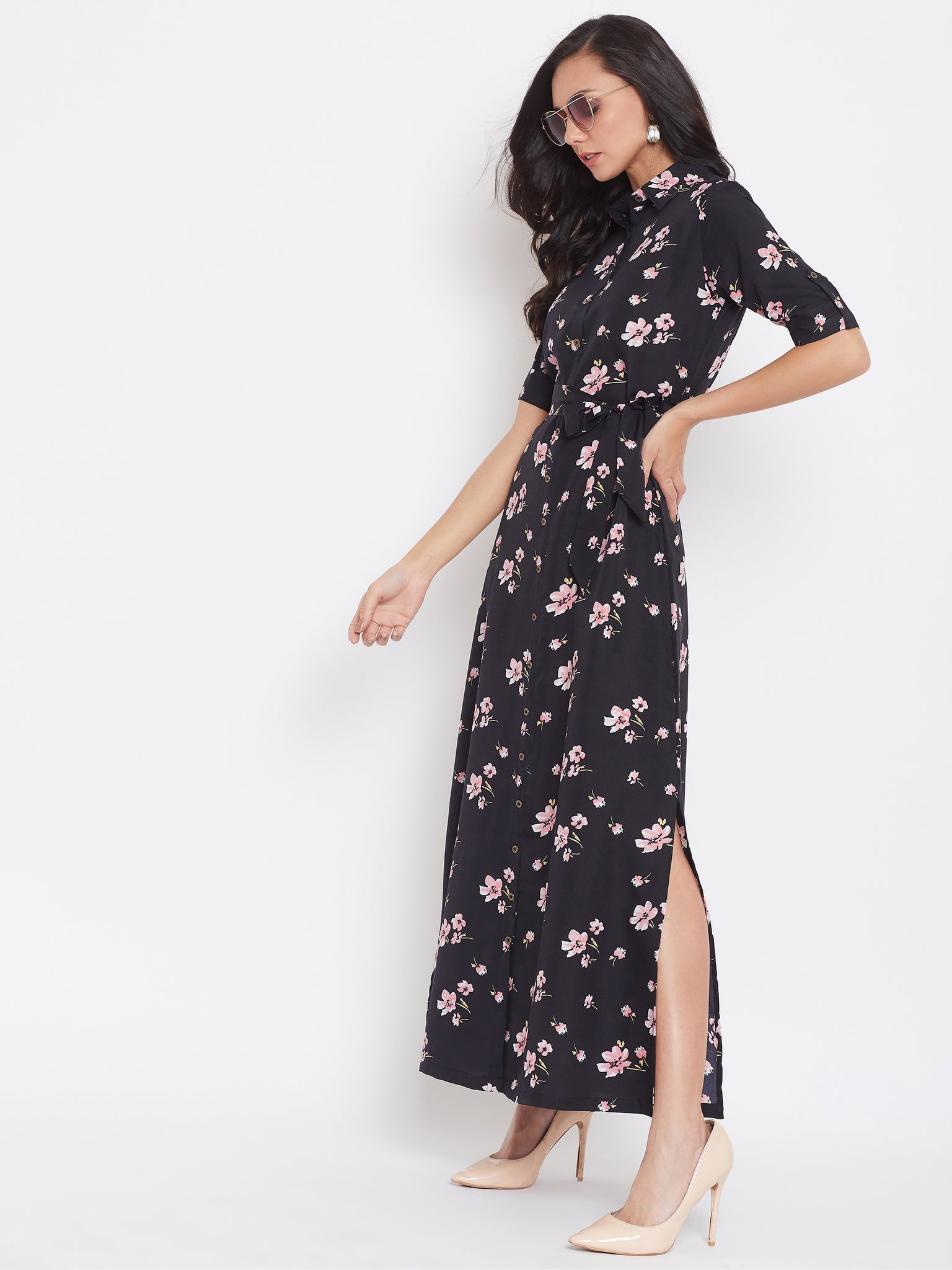 Collar Buttoned Down Shirt Maxi Dress - Uptownie