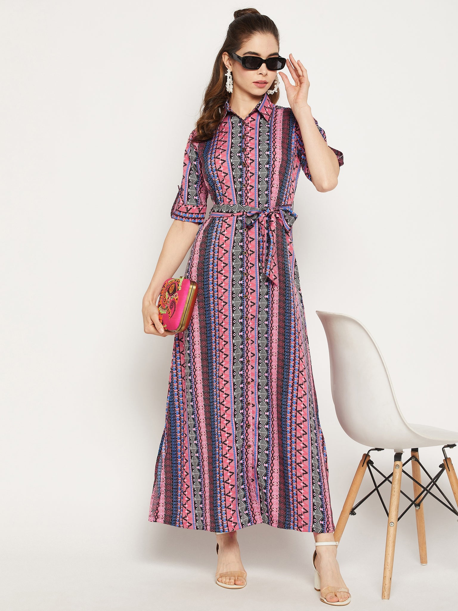 Collar Buttoned Down Shirt Maxi Dress - Uptownie