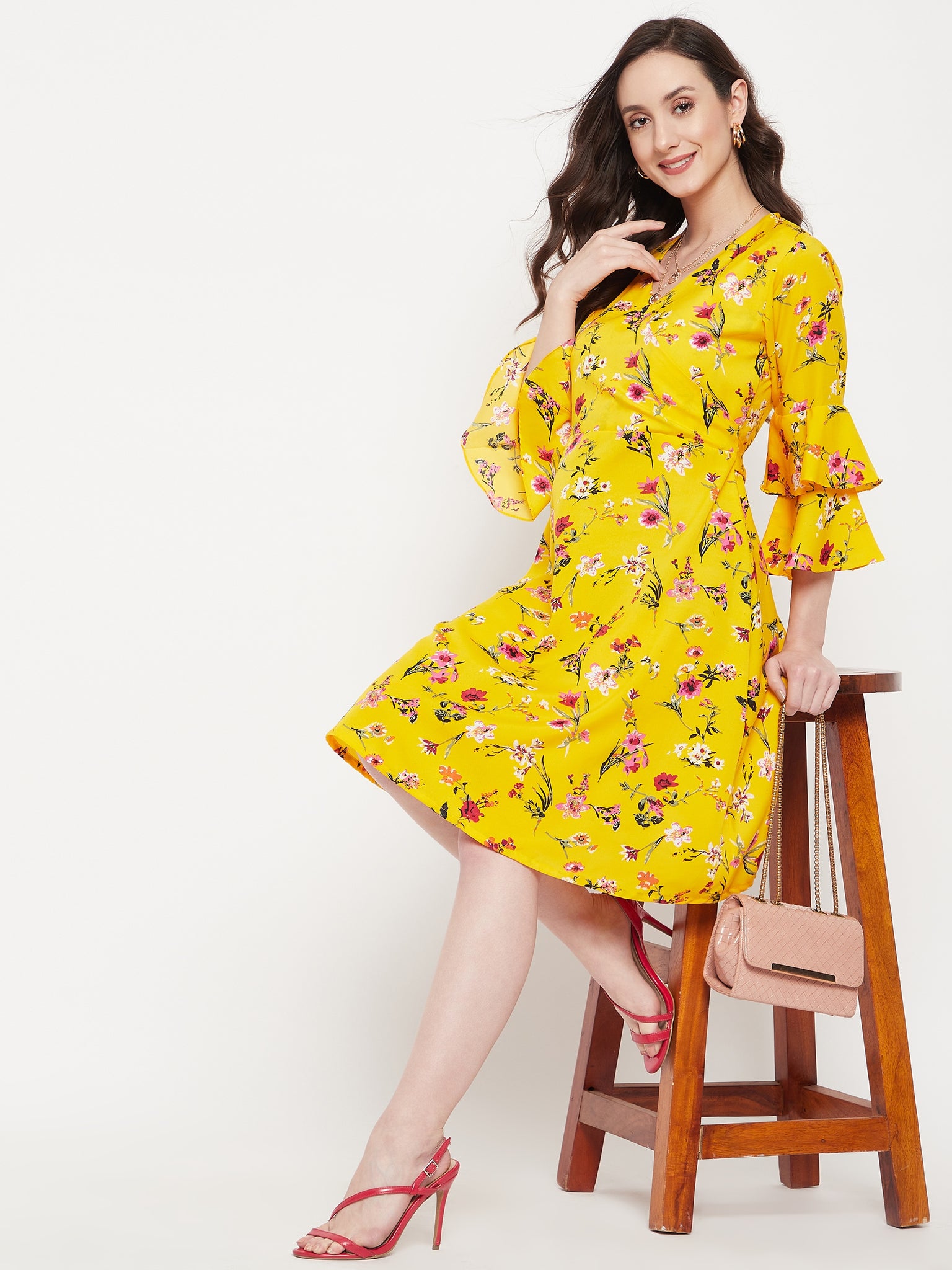 Wrap Bell Sleeves Skater Dress - Uptownie