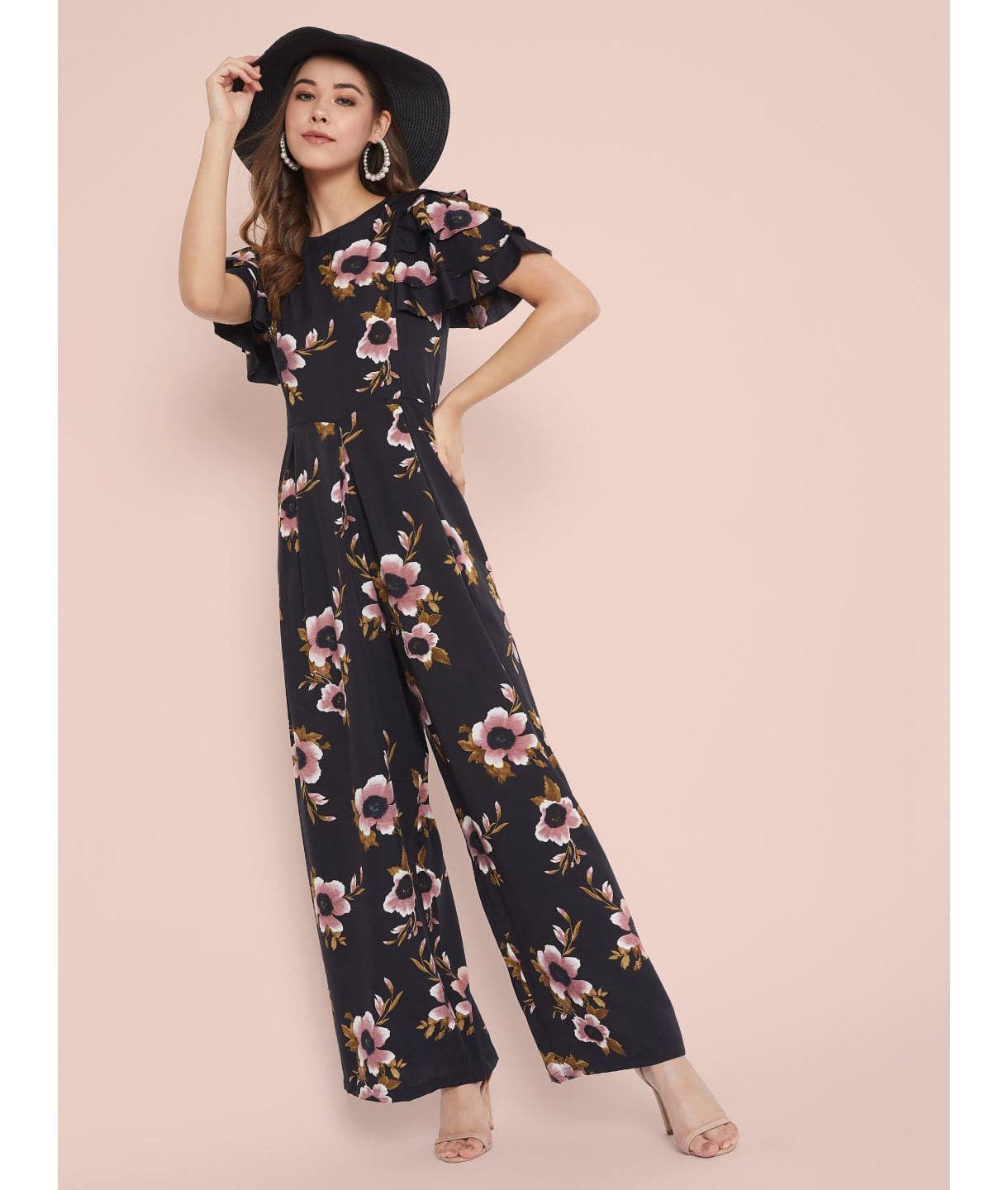 Plus Floral Ruffled Sleeve Jumpsuit - Uptownie